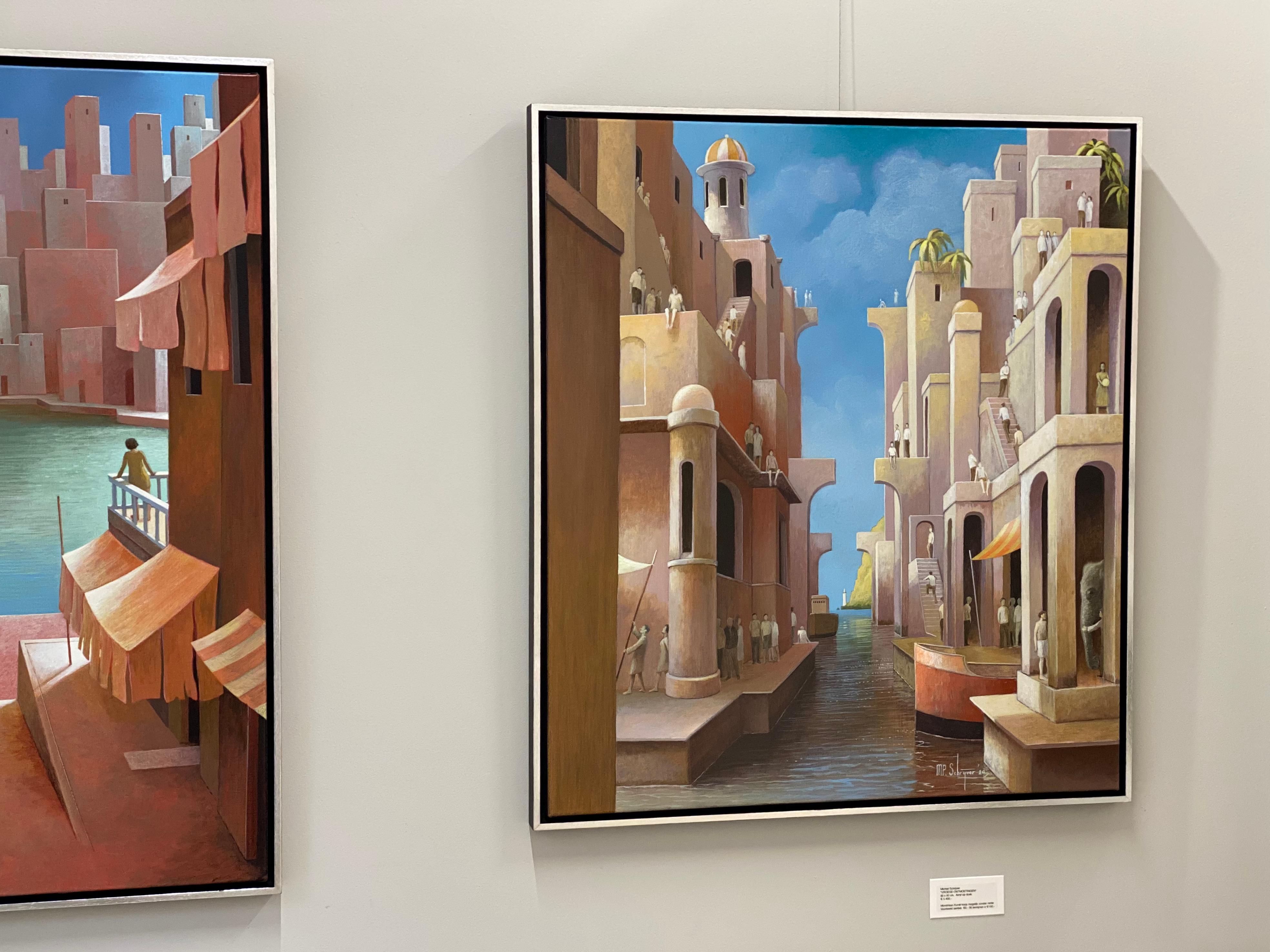 Les premières rencontres - Peinture contemporaine du 21e siècle d'un port en mer - Contemporain Painting par Michiel Schrijver