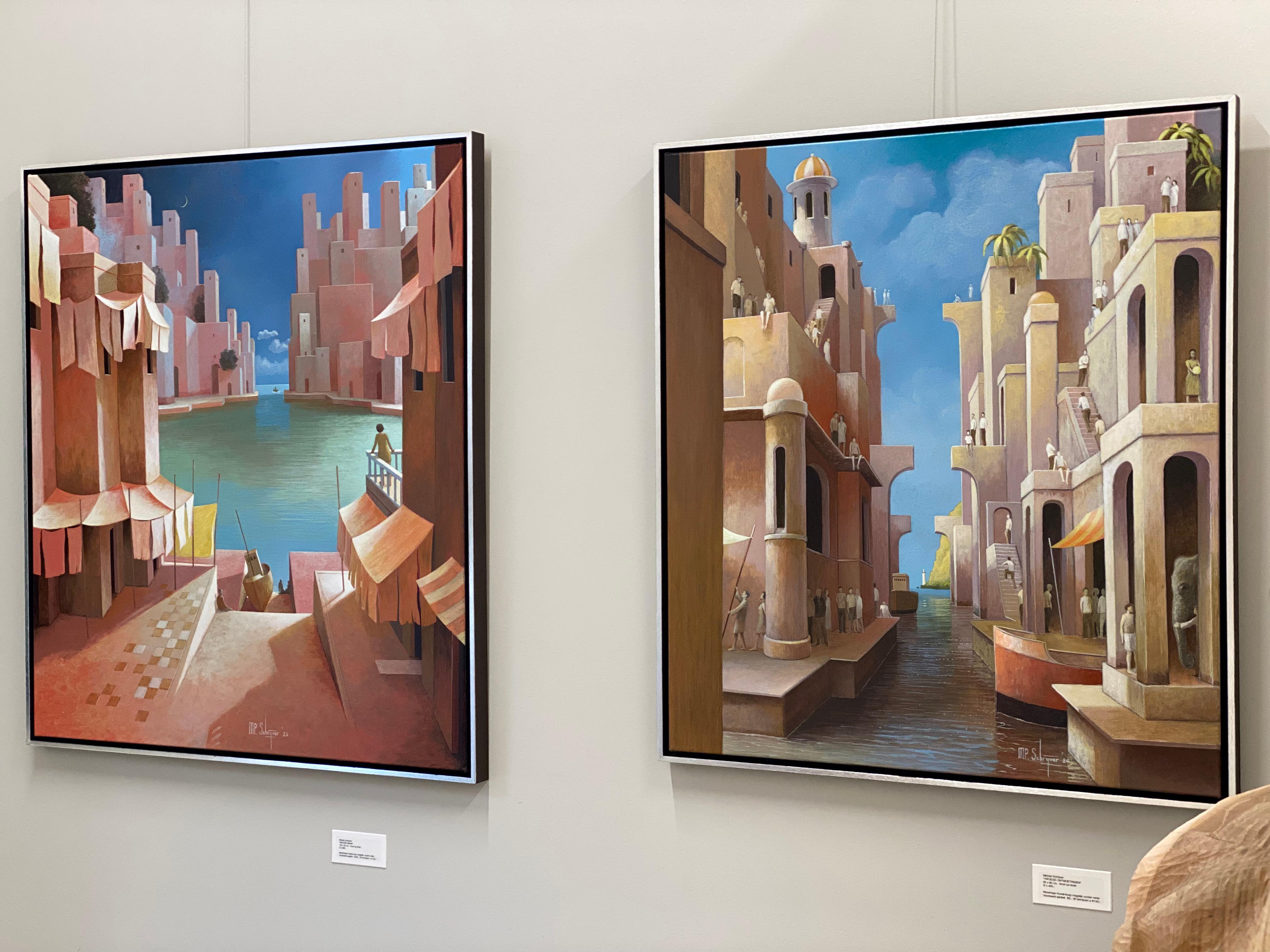 Les premières rencontres - Peinture contemporaine du 21e siècle d'un port en mer - Gris Figurative Painting par Michiel Schrijver