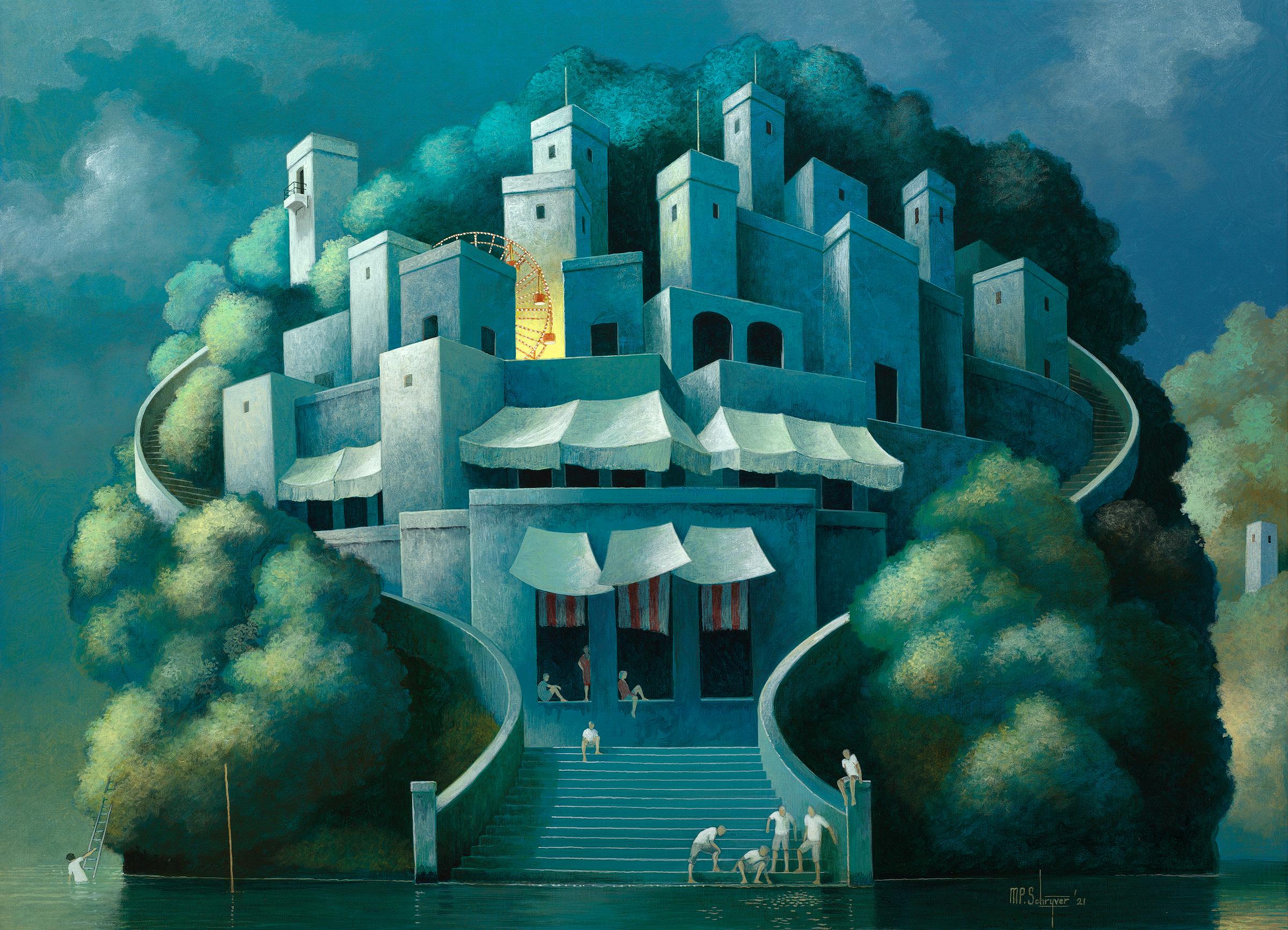 Michiel Schrijver Landscape Painting - Embracing the City- 21st Century Contemporary Narrative Imaginary Painting 
