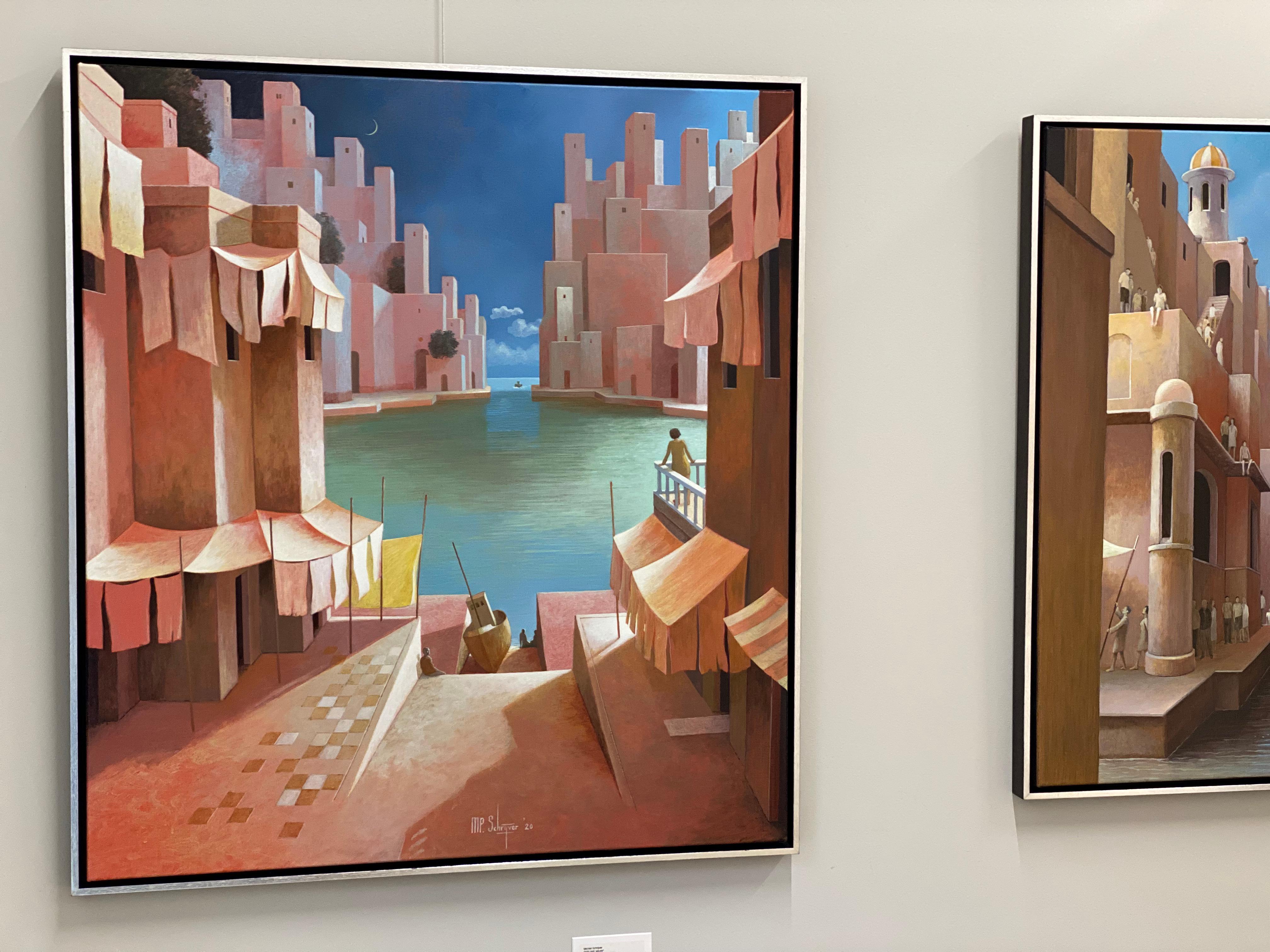 New Moon- 21st Century Contemporary Painting of a Mediterranean Port at Sea - Brown Landscape Painting by Michiel Schrijver