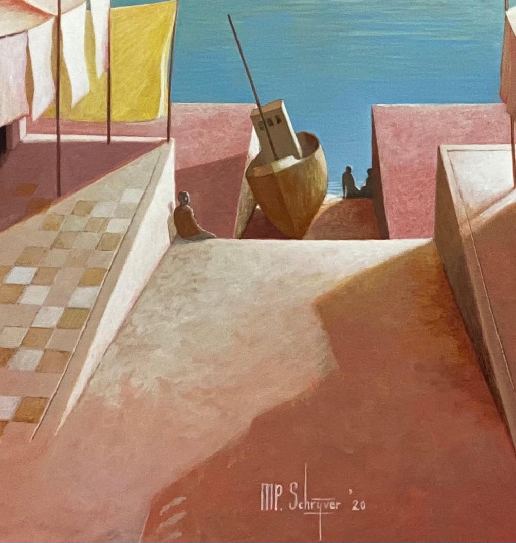 New Moon- 21st Century Contemporary Painting of a Port at Sea - Brown Figurative Painting by Michiel Schrijver