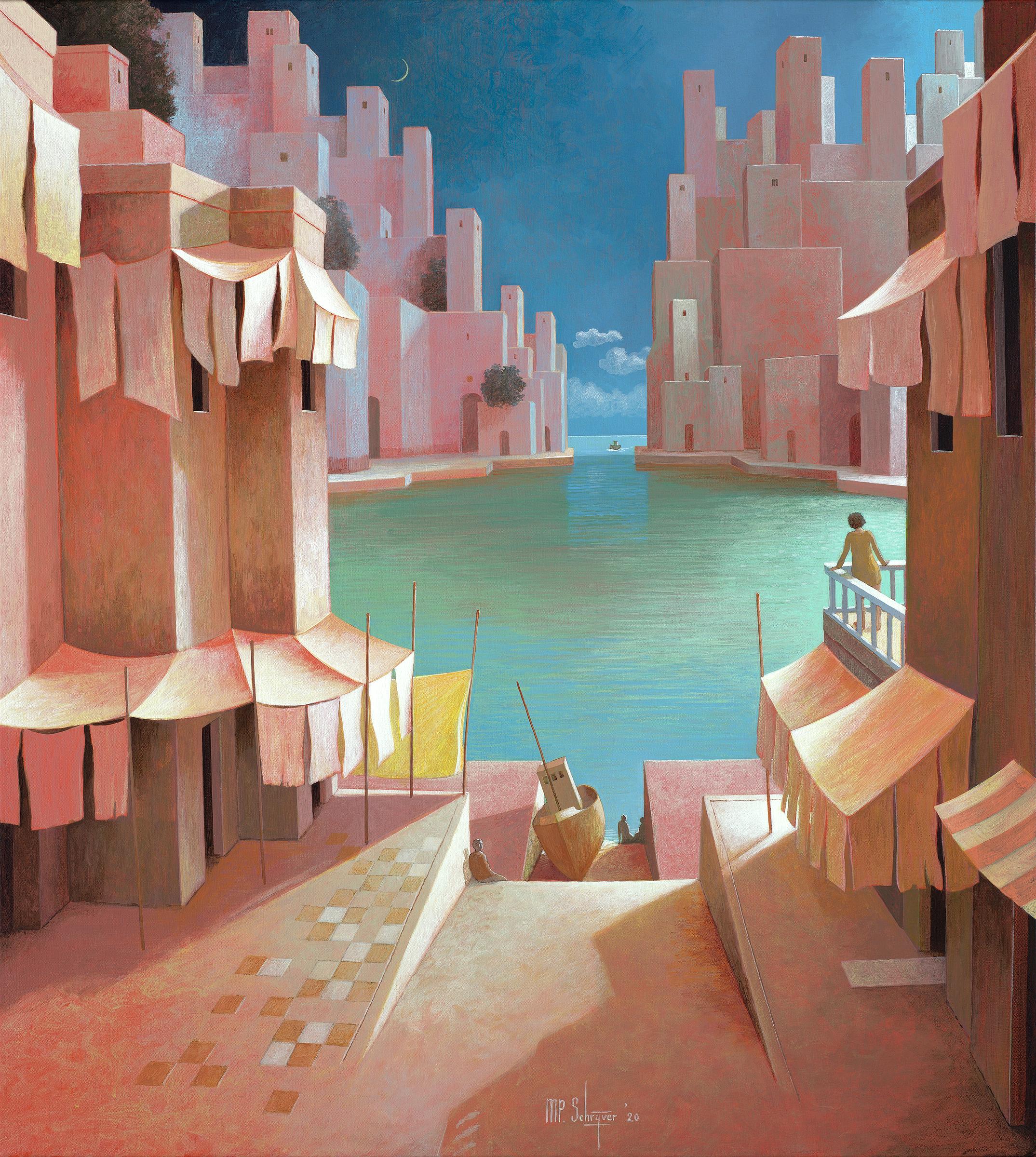 Michiel Schrijver Figurative Painting - New Moon- 21st Century Contemporary Painting of a Port at Sea