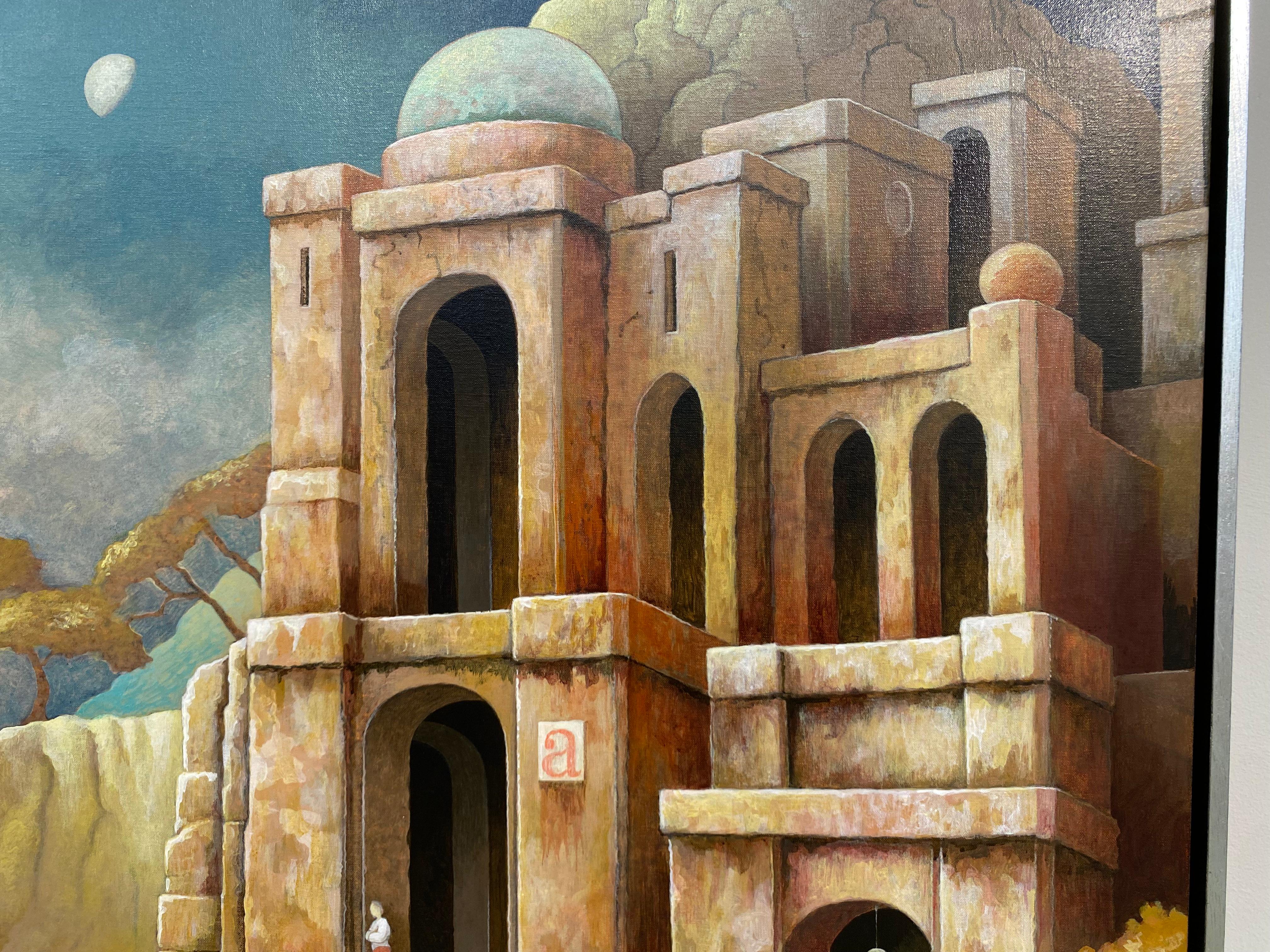 Der Mondmaler - Zeitgenössische imaginäre Landschaften des 21. (Braun), Figurative Painting, von Michiel Schrijver