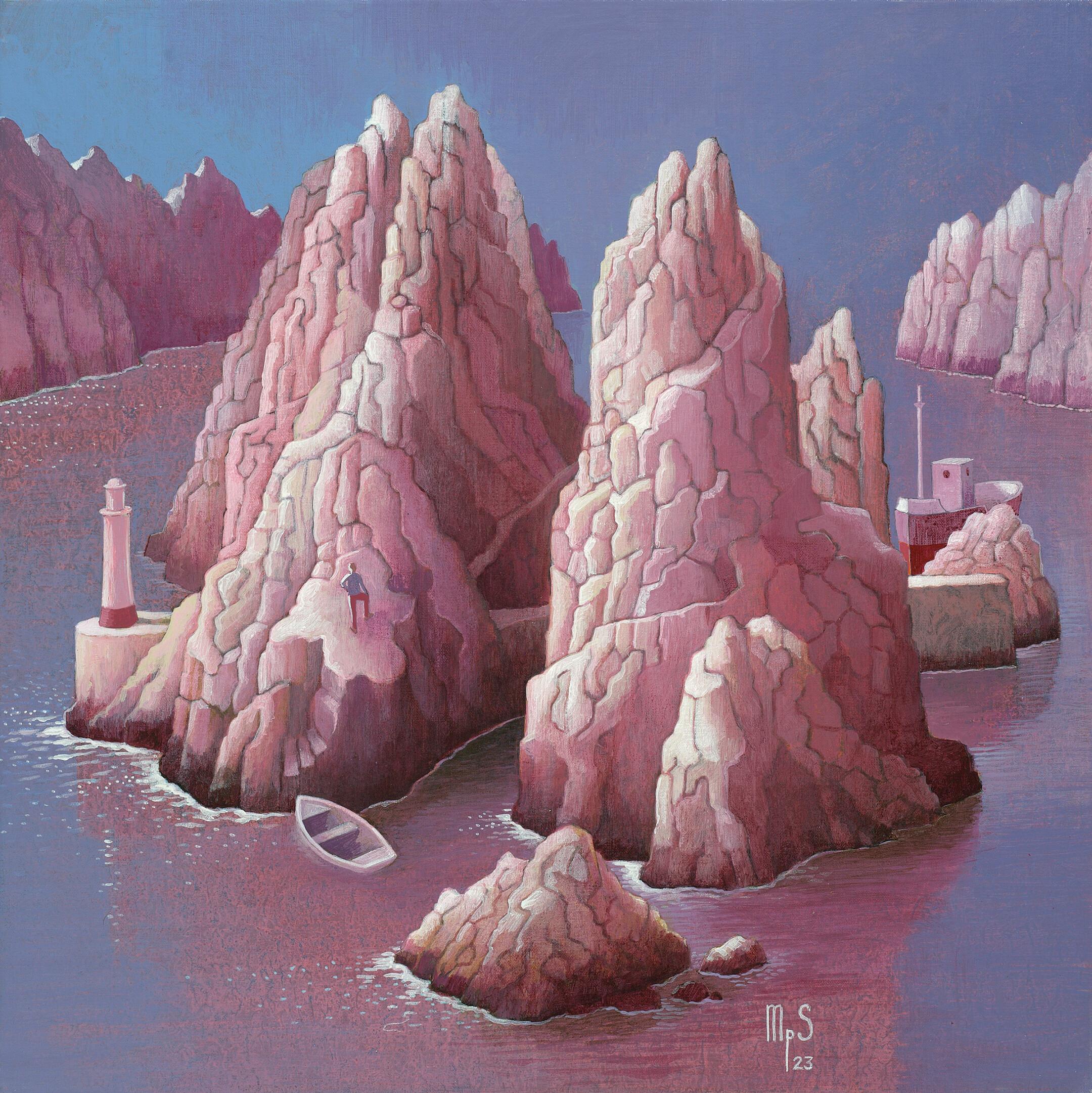 Michiel Schrijver Figurative Painting – Der Ursprung des Zufalls - Zeitgenössische imaginäre Stadtlandschaften des 21.