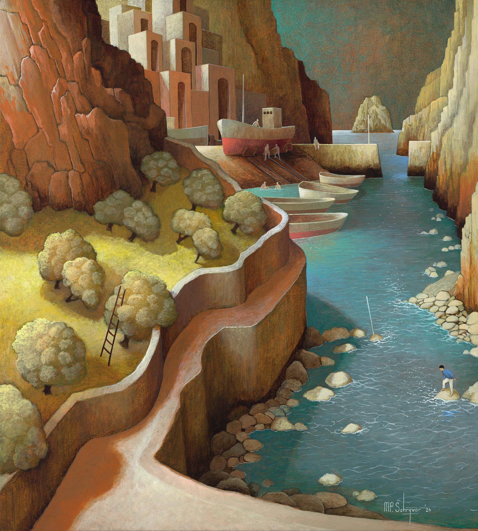 Michiel Schrijver Figurative Painting – The Whispering of the River - Imaginäre Landschaften des 21. Jahrhunderts