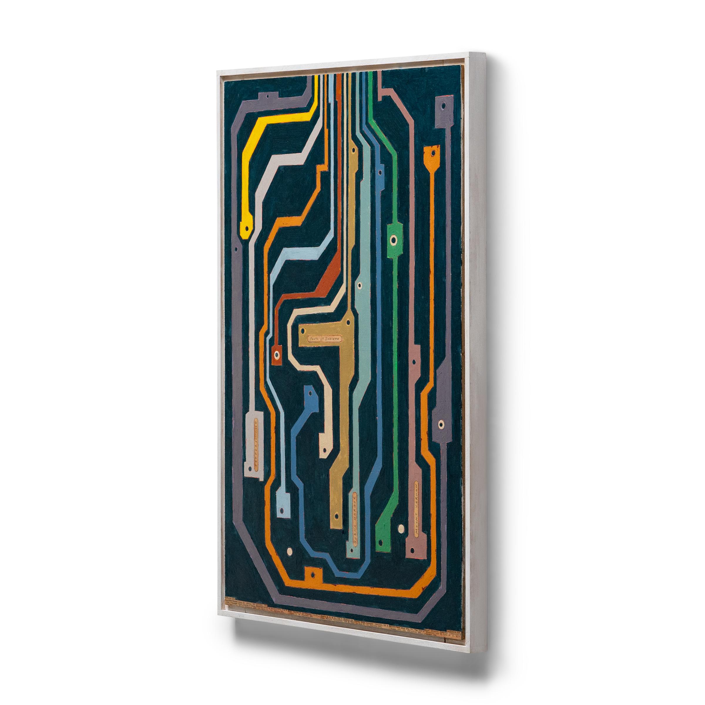 This abstract work by Chicago artist Patrick Fitzgerald is one of a series of “track paintings” that materialize the imagined tracks navigated by his miniature soap-box car sculptures. Inspired by slot-car racetracks, each painting depicts a