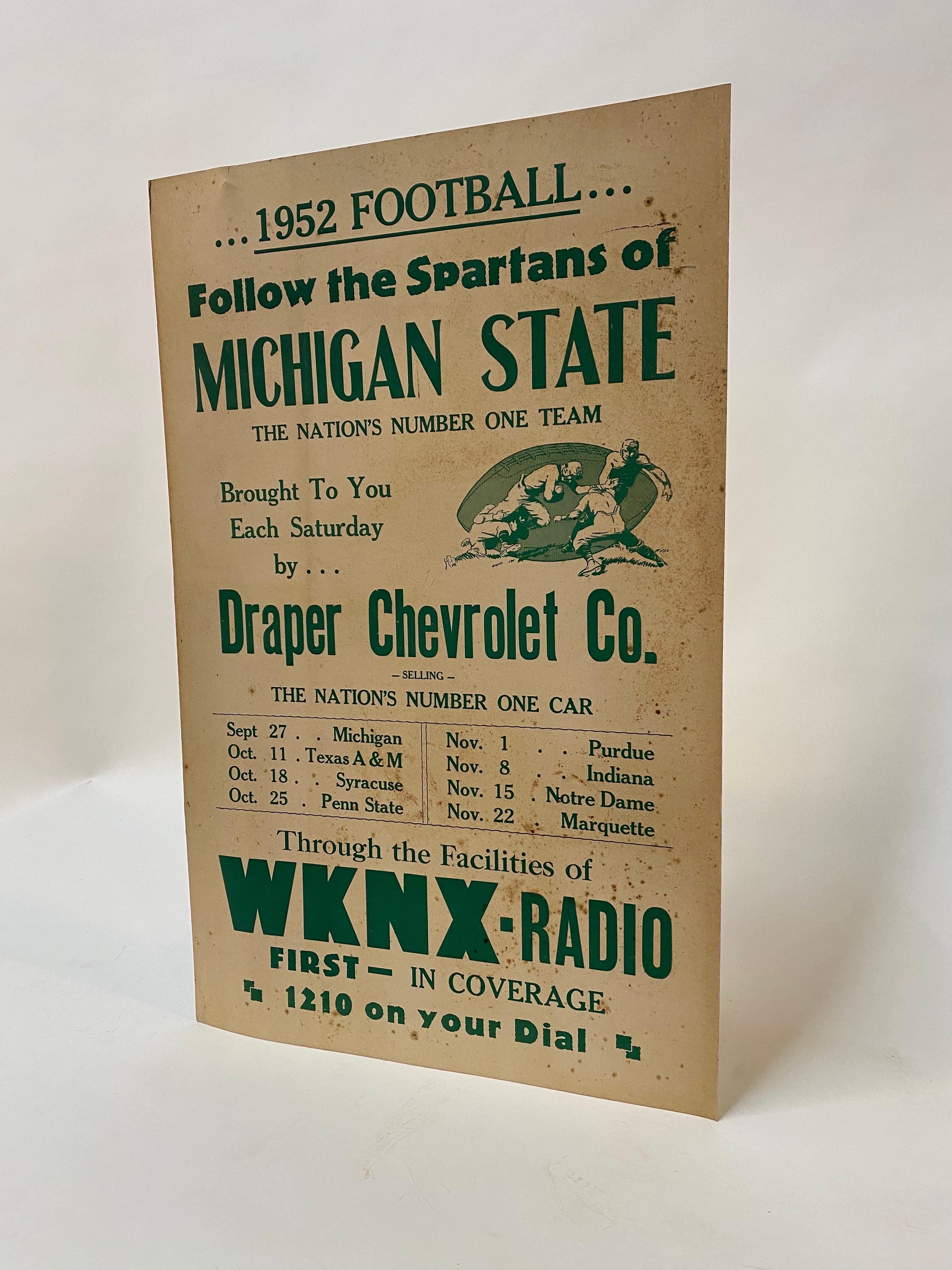 Straight from the Spartan alumnus and their estate. Graduating in 1952 in Graphic Arts, he was a rabid sports fan. This calendar was procured from his study. Green graphics on heavier poster board style paper. The poster promotes the upcoming
