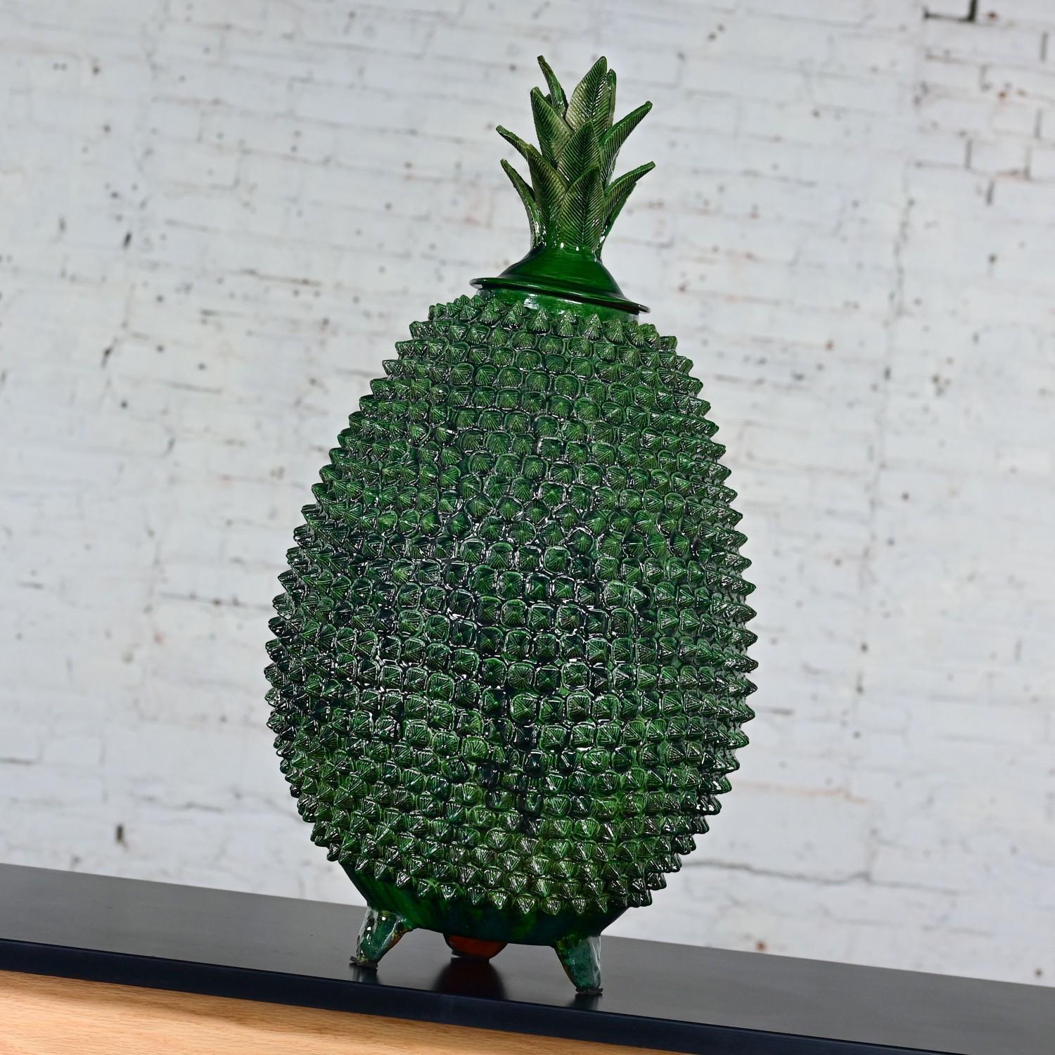 Folk Art Michoacan Green Glazed Clay Large Pottery Pineapple Sculpture Made in Mexico