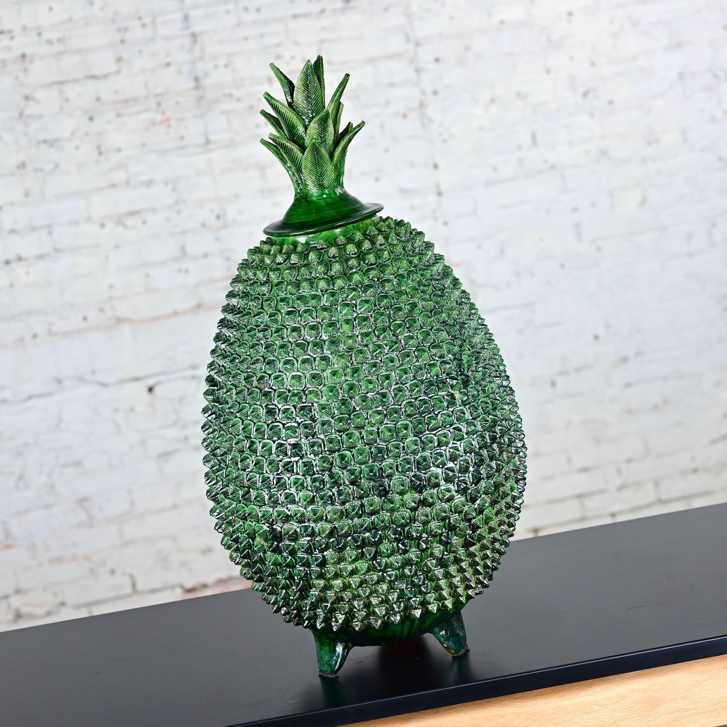 Mexican Michoacan Green Glazed Clay Large Pottery Pineapple Sculpture Made in Mexico