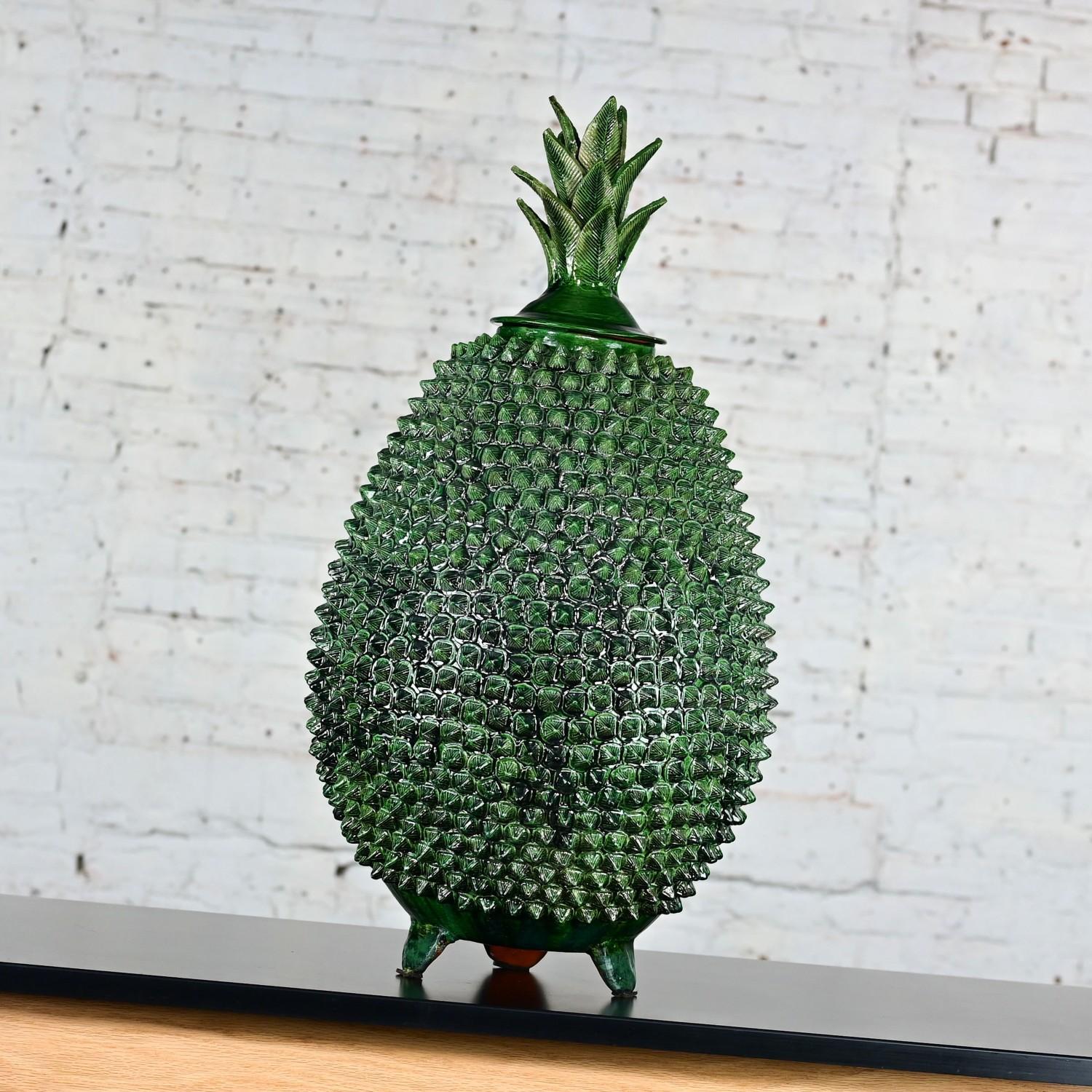 Michoacan Green Glazed Clay Large Pottery Pineapple Sculpture Made in Mexico In Good Condition In Topeka, KS