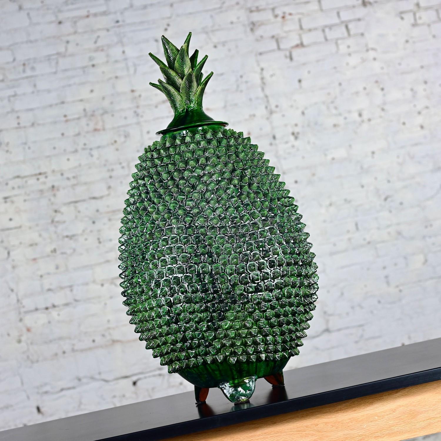 20th Century Michoacan Green Glazed Clay Large Pottery Pineapple Sculpture Made in Mexico