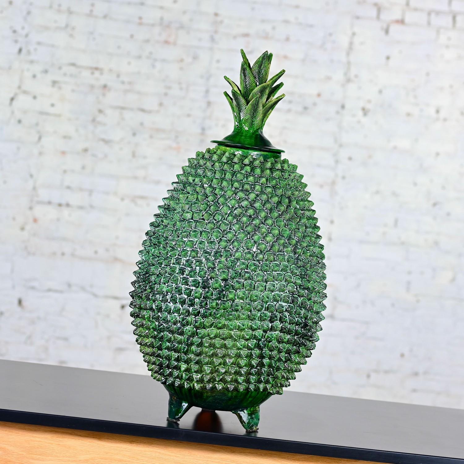 Michoacan Green Glazed Clay Large Pottery Pineapple Sculpture Made in Mexico 1