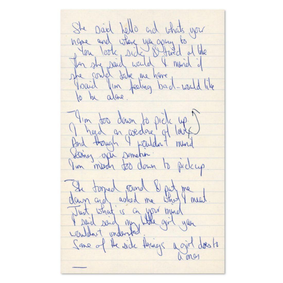 A rare set of Mick Jagger handwritten Rolling Stones lyrics

Written for a previously unknown, unpublished song
Believed to date from a significant period, circa 1965

A small sheet of lined paper, featuring handwritten lyrics by Mick Jagger on both