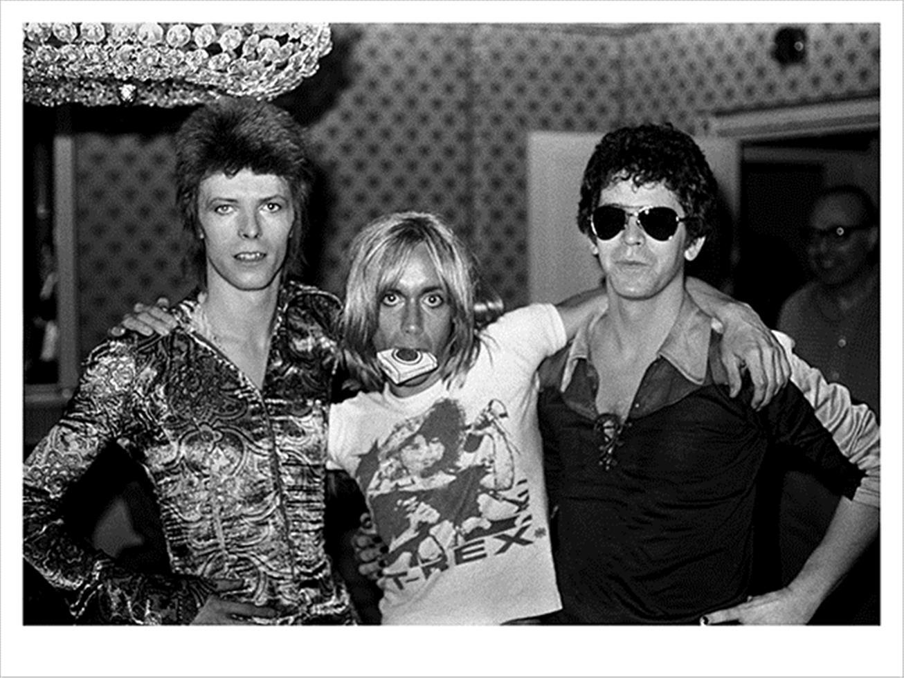 Mick Rock Portrait Photograph - David Bowie, Iggy and Lou. Dorchester Hotel