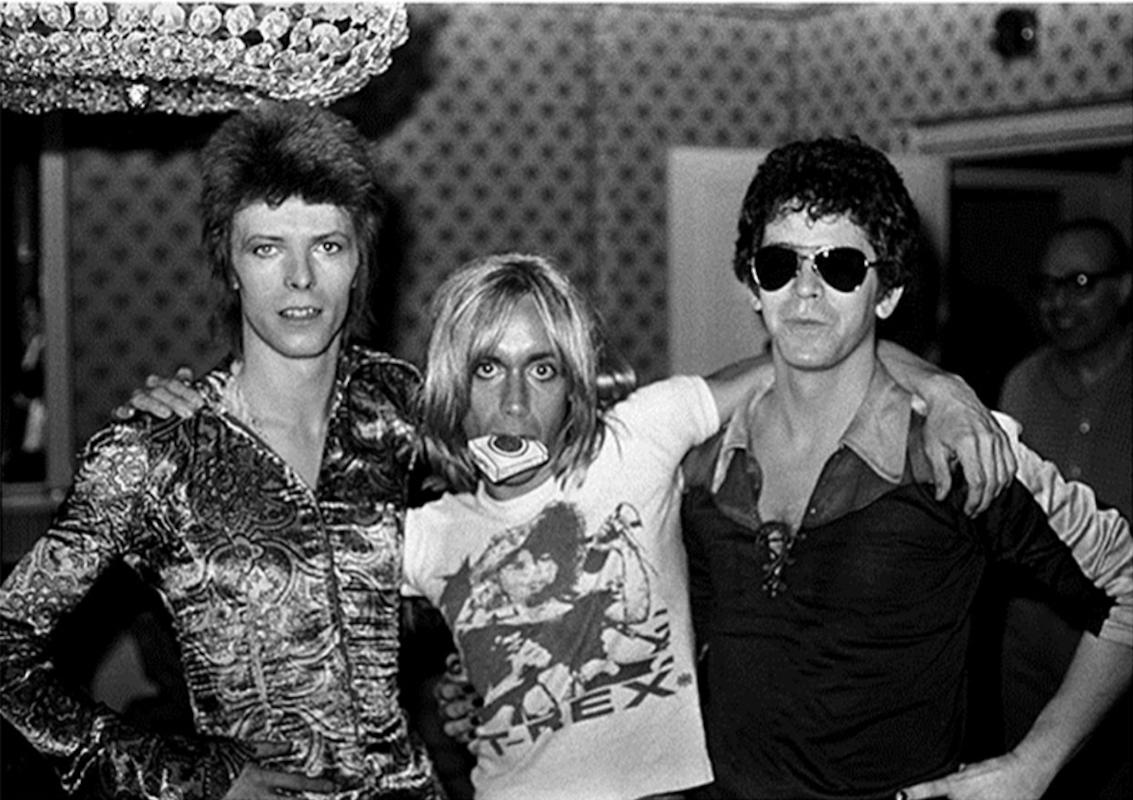 Mick Rock Black and White Photograph - David Bowie, Iggy Pop, Lou Reed Dorchester Hotel 1972