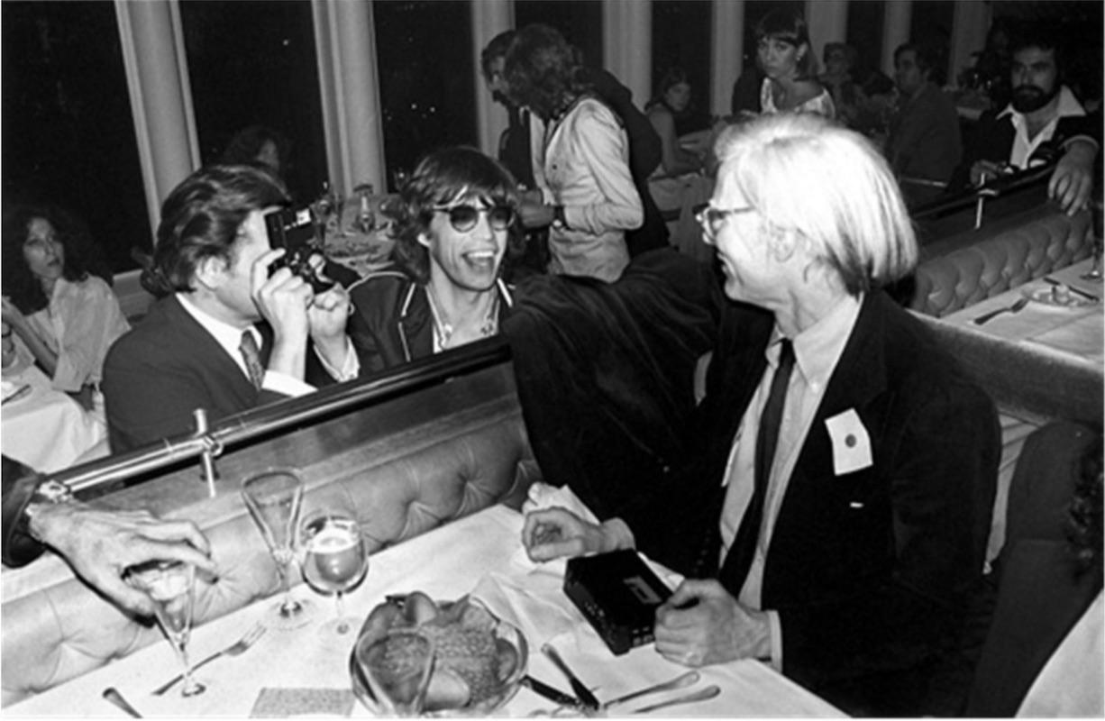 Mick Rock Black and White Photograph - Mick Jagger, Andy Warhol, Windows On The World
