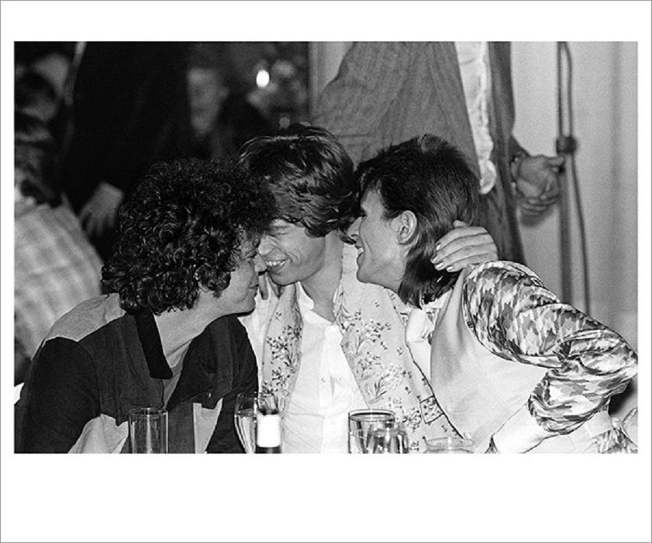 Mick Rock Black and White Photograph - Reed Bowie Jagger Hug - limited edition Estate print 