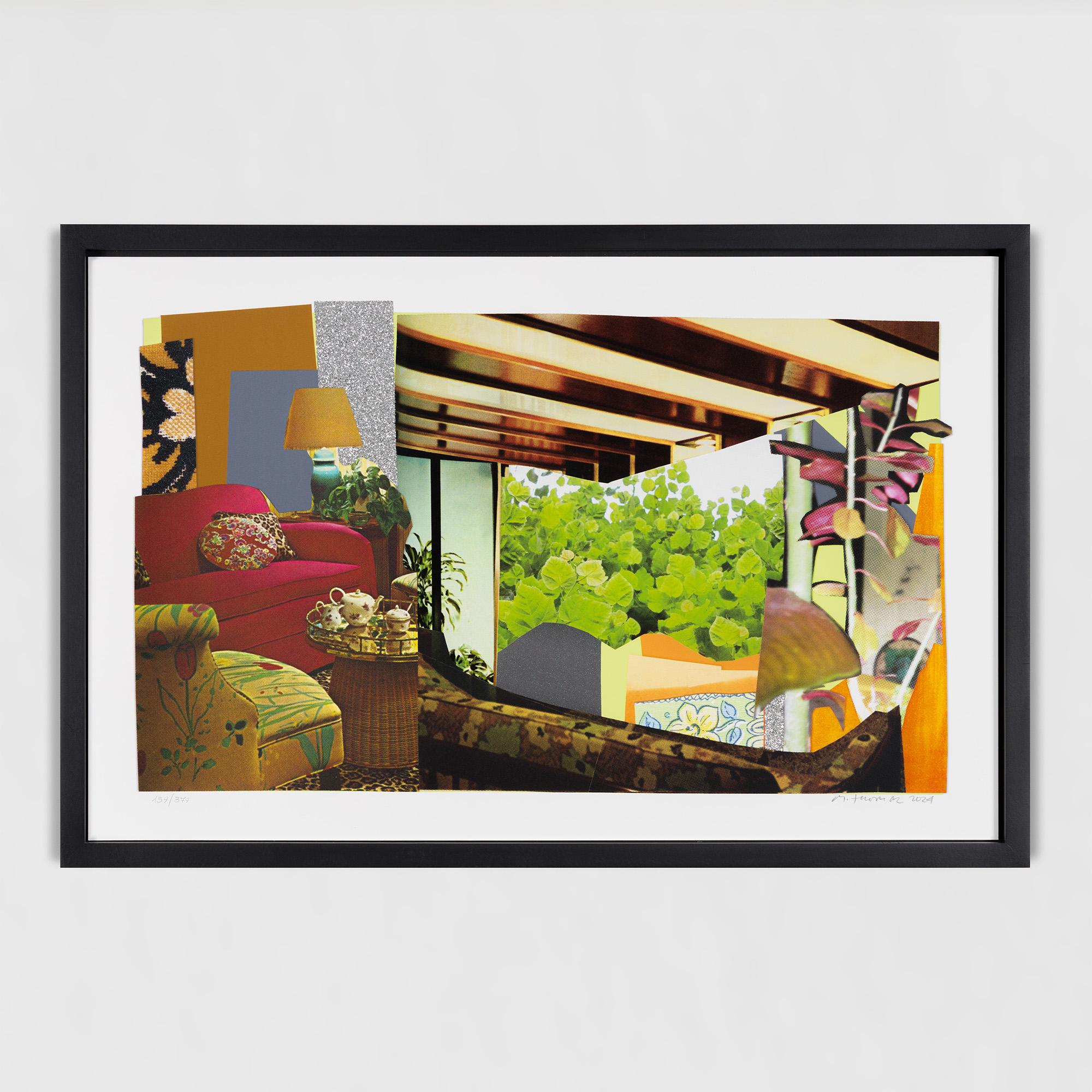Mickalene Thomas Interior Print - Interior: Red Couch and Landscape