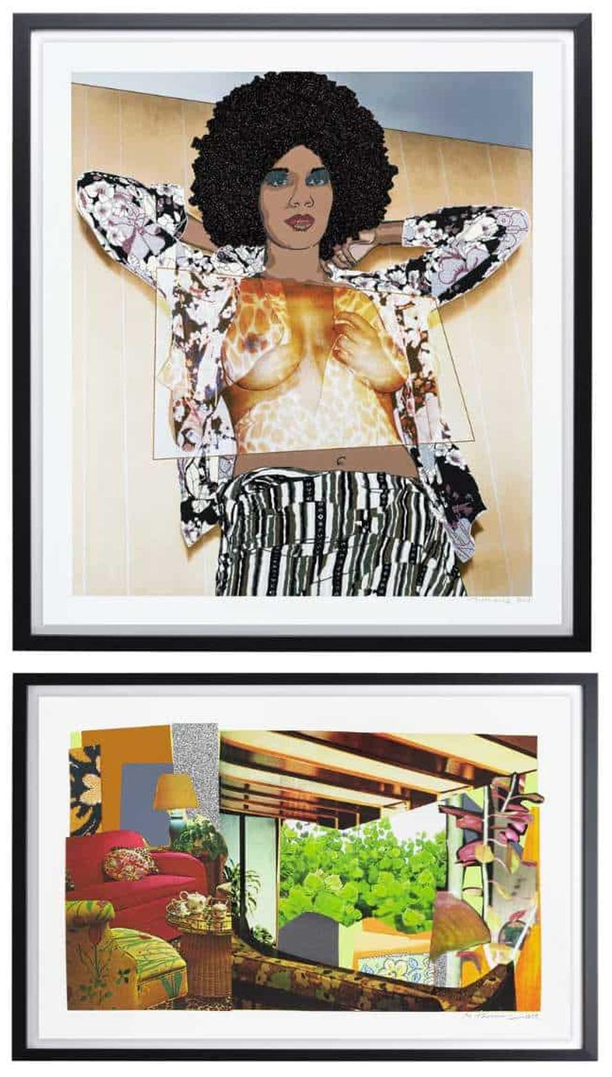 Mickalene Thomas
Maya & Interior
2024
UV pigment print on 410gsm Somerset Tub Sized Radiant White paper with 4 metallic silkscreen glitter and shimmer layers, a CMYK silkscreen central panel and matte varnish seal
Maya: 59.3 x 52.5 cm / Interior: 38