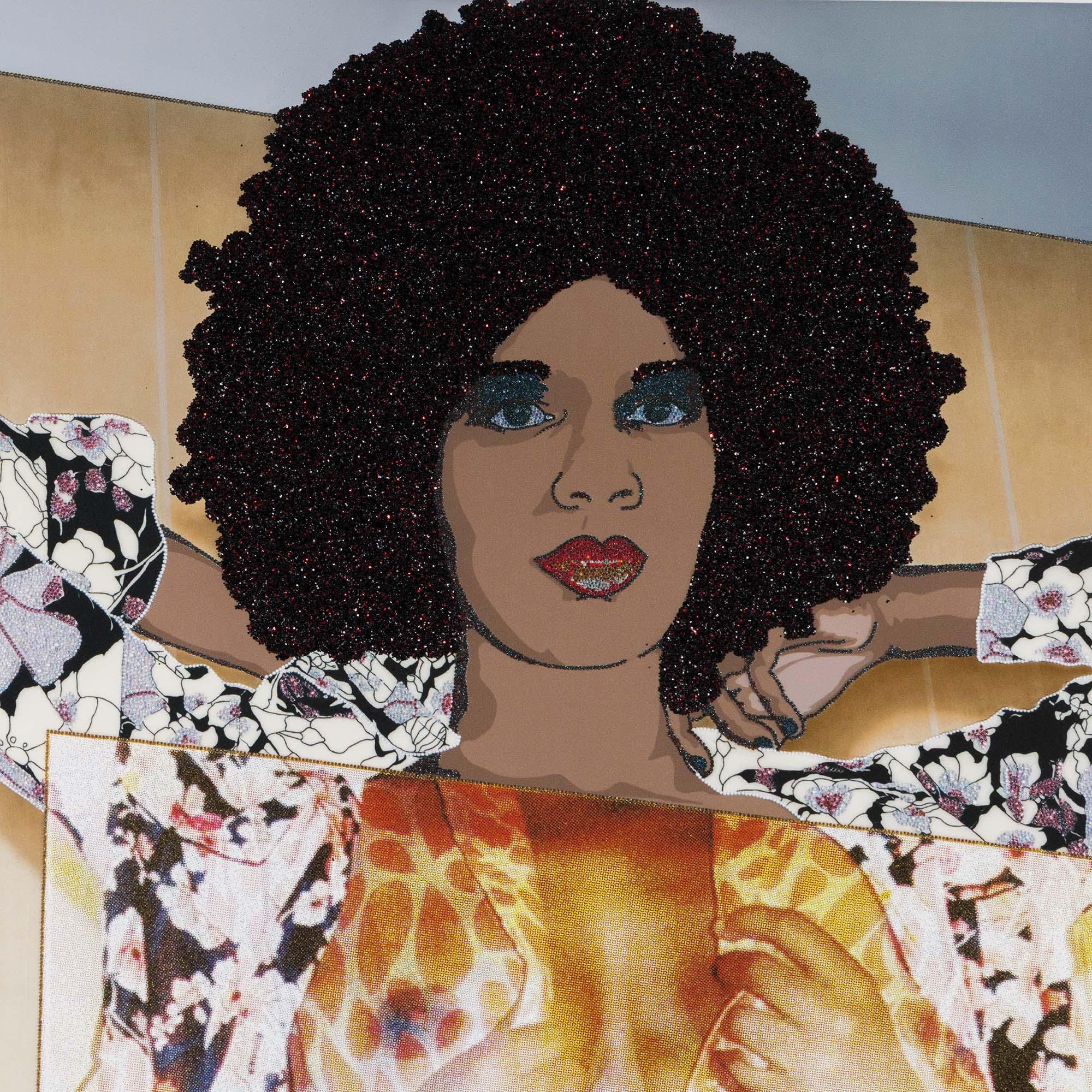 Mickalene Thomas (b.1971) is an American artist exploring the intersection of popular culture and art history, through a contemporary Black female gaze. As an openly gay Black woman, sexuality and race are essential themes in Thomas'