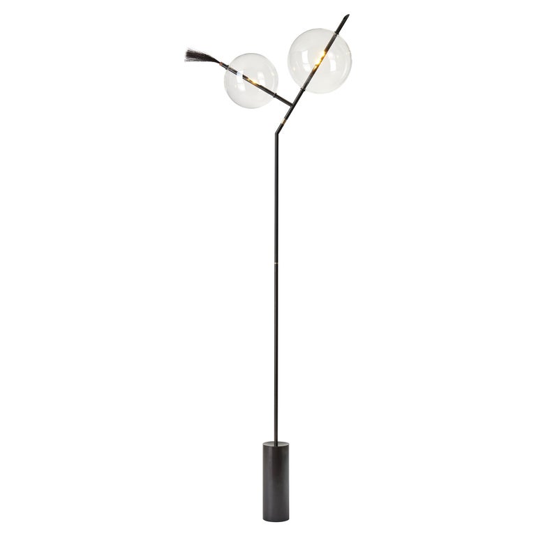 Mickey Black Minimal Sculptural Floor Lamp Dimmable Touch Sensor Brass, Glass For Sale
