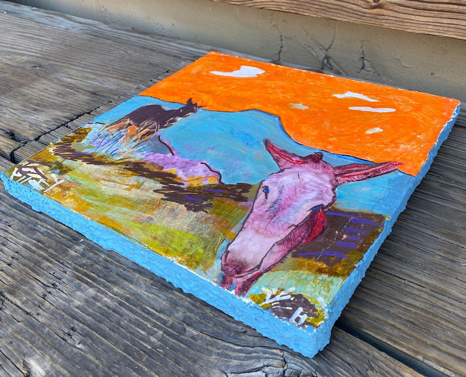2 Burros, Orange Sky, Mixed Media on Wood Panel - Contemporary Mixed Media Art by Mickey bond