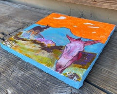 2 Burros, Cielo Naranja, Técnica Mixta sobre Panel de Madera
