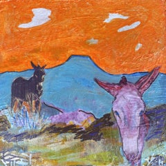 2 Burros, Orange Sky, Mixed Media on Wood Panel