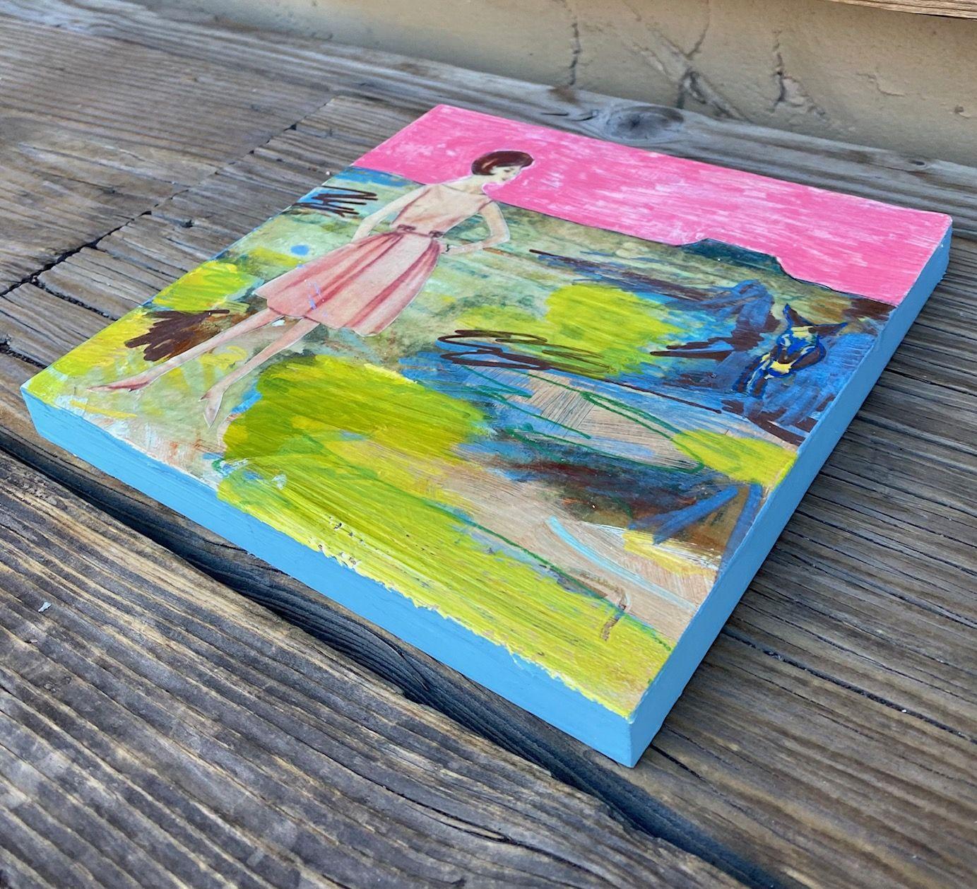 En el desierto, cielo rosa, técnica mixta sobre panel de madera - Mixed Media Art Contemporáneo de Mickey bond