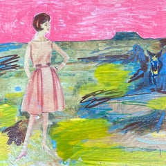 In the Desert, Pink Sky, Mixed Media on Wood Panel