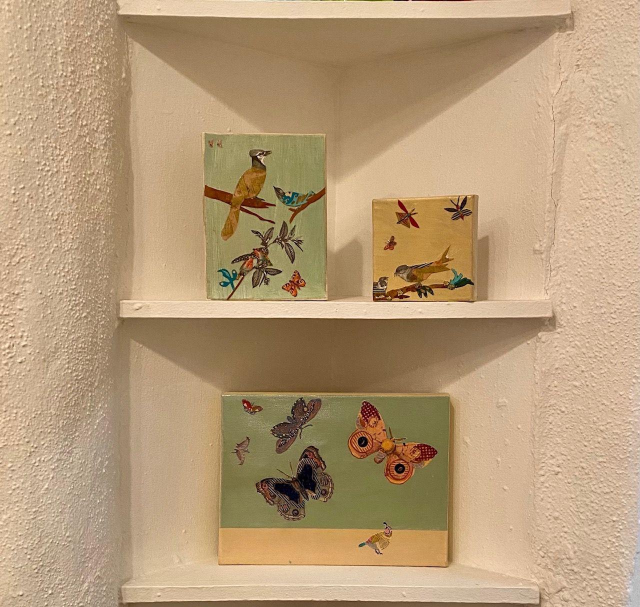A lyrical mixed media painting featuring large butterflies and a very small quail.  Media used include acrylic paint, Japanese paper and collage elements. The painting is varnished with glazes of acrylic gel.  This application seals all the elements