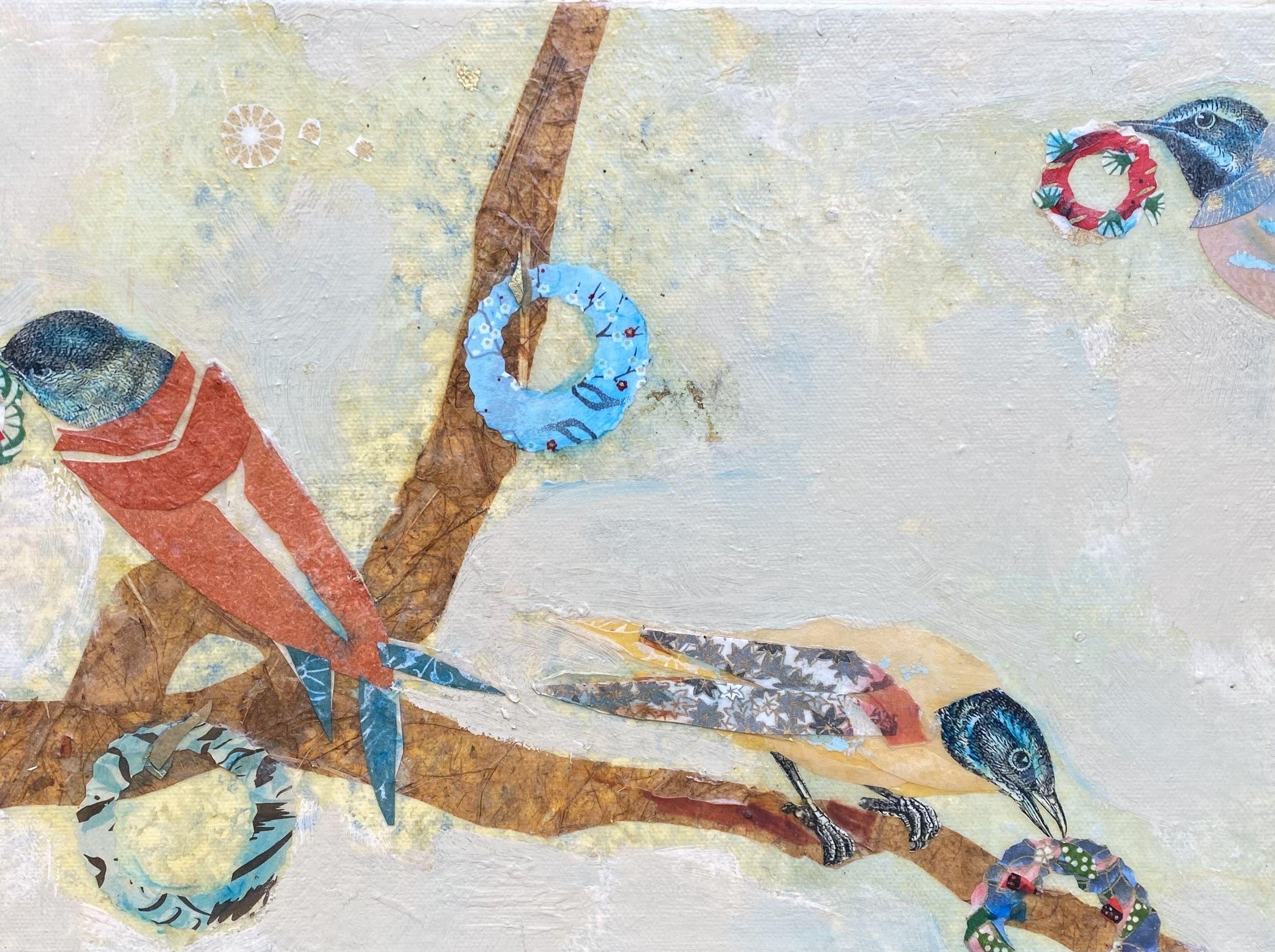 A lyrical mixed media painting several birds carrying wreaths.  Media used include acrylic paint, Japanese paper and collage elements. The painting is varnished with glazes of acrylic gel.  This application seals all the elements of the painting and