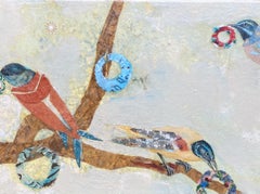 Peinture - « Sweet Birds Bearing Wreaths », acrylique sur toile