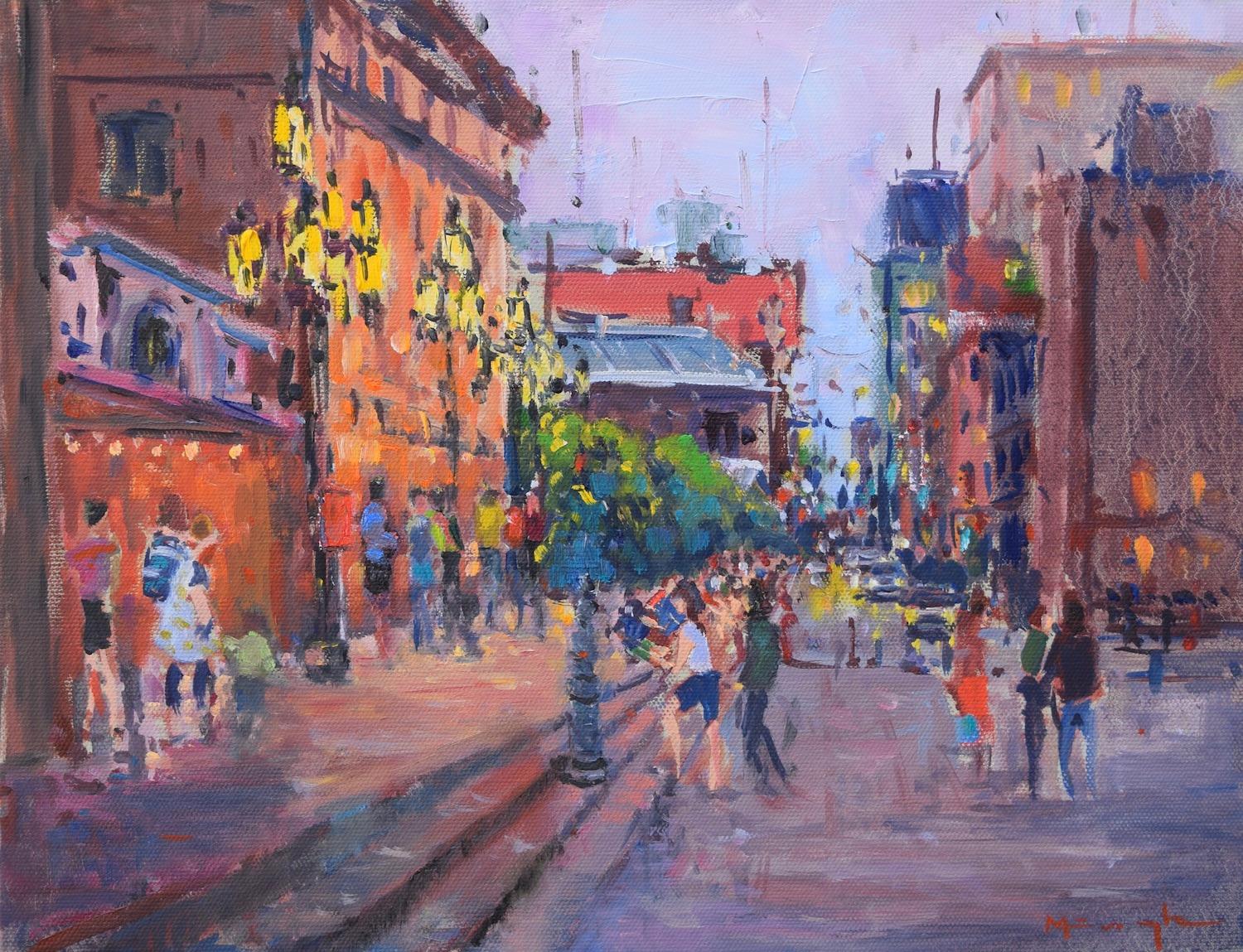 Busy St. Sulpice Montreal, Oil Painting - Art by Mickey Cunningham