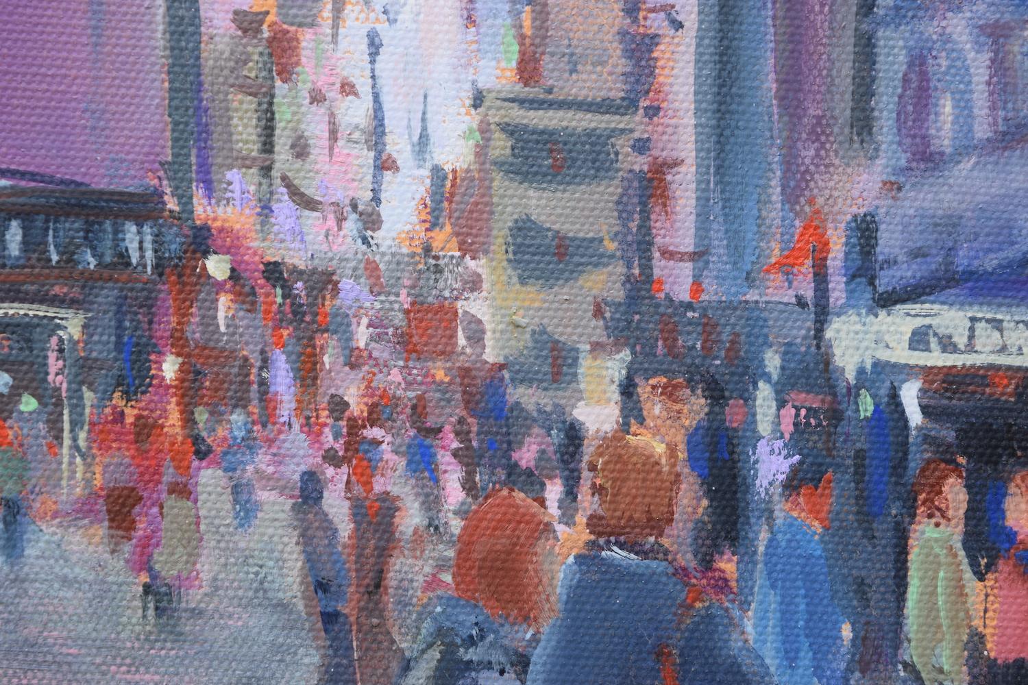 <p>Artist Comments<br>Artists Mickey Cunningham envisions a bustling cityscape with pedestrians enjoying the cool afternoon. She pictures the people wandering to and fro the festive fashion district. A pink overcast tints the sky complementing the