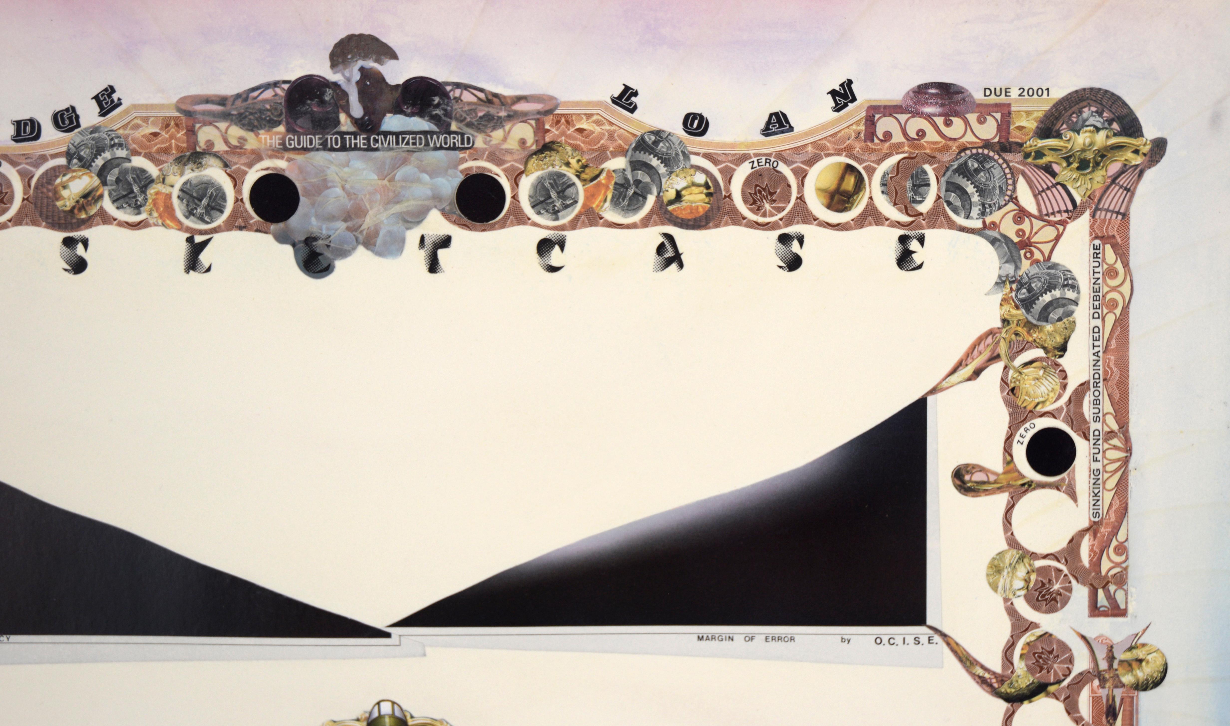 „Bridge Loan (Bridge Loan)“ Satirische Bond-Papierarbeiten-Collage (Grau), Figurative Sculpture, von Mickey 