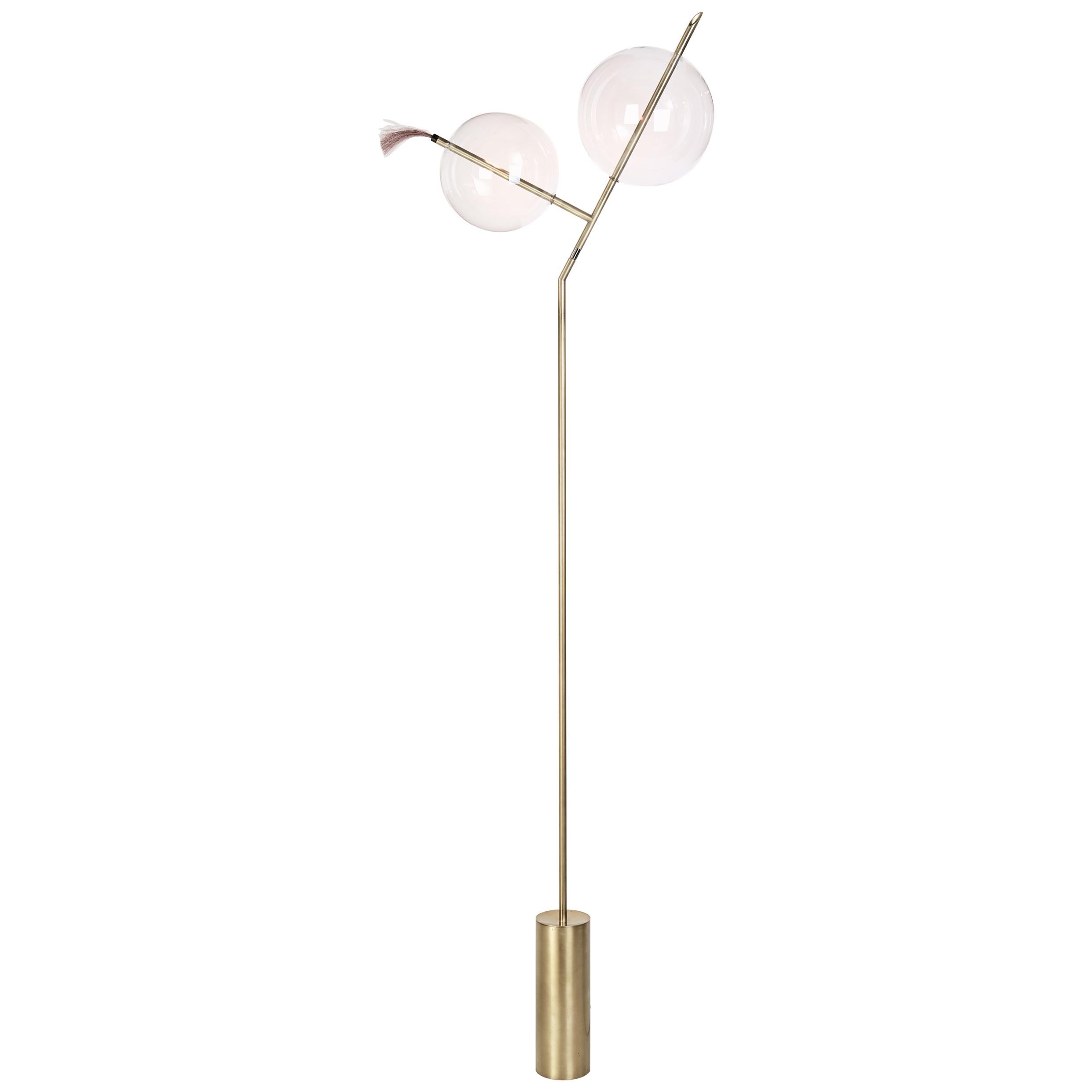 Mickey Minimal Sculptural Floor Lamp Dimmable Touch Sensor Brushed Brass, Glass For Sale