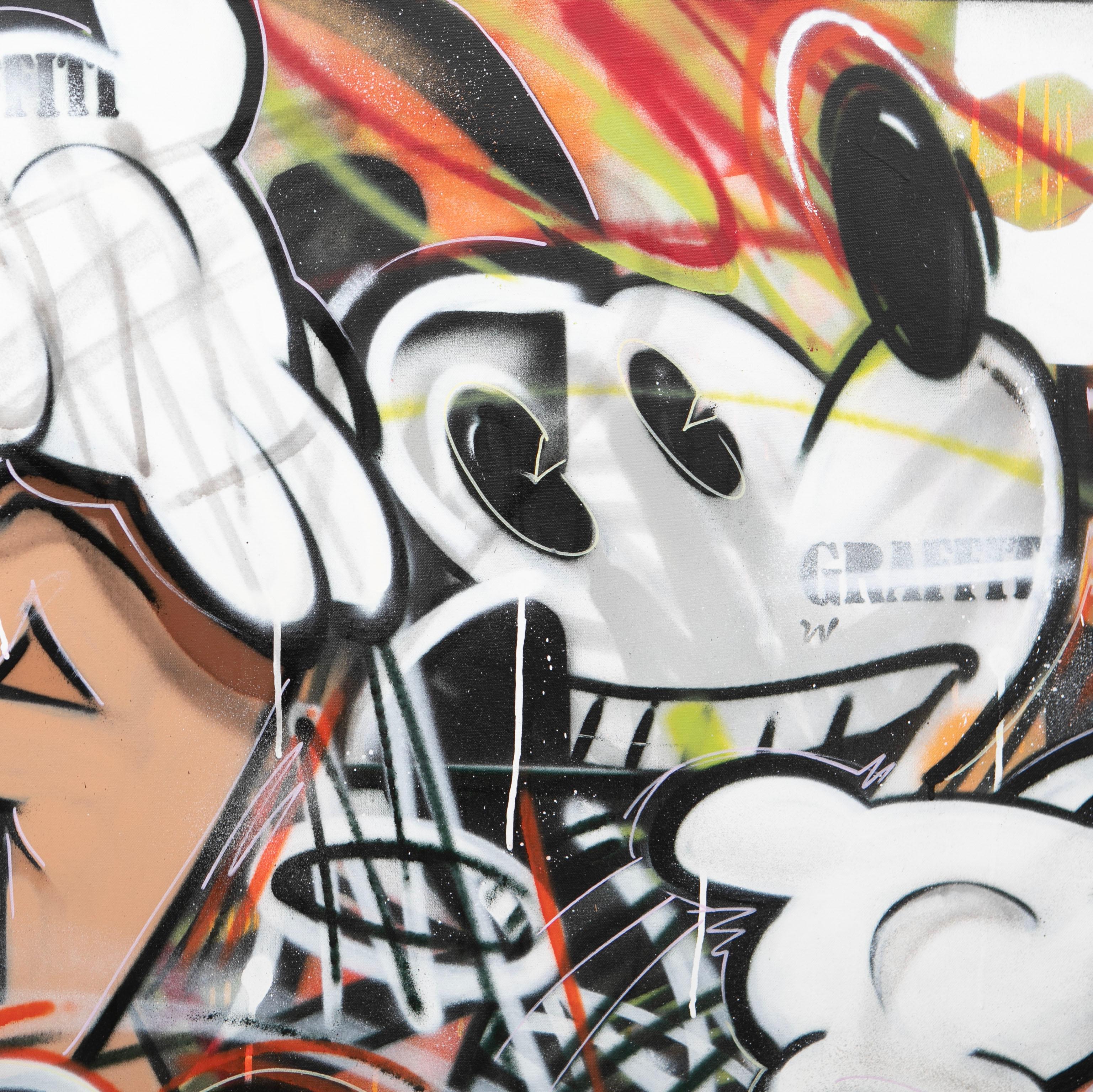 Richard Holmes, b. 1979
Mickey Mouse graffiti art, spray paint and mixed media on canvas. 150 x 95 cm.
Signed on the back.

Richard Holmes is a British graffiti artist, now resident in Thisted, Denmark. Richard Holmes is also known by the name