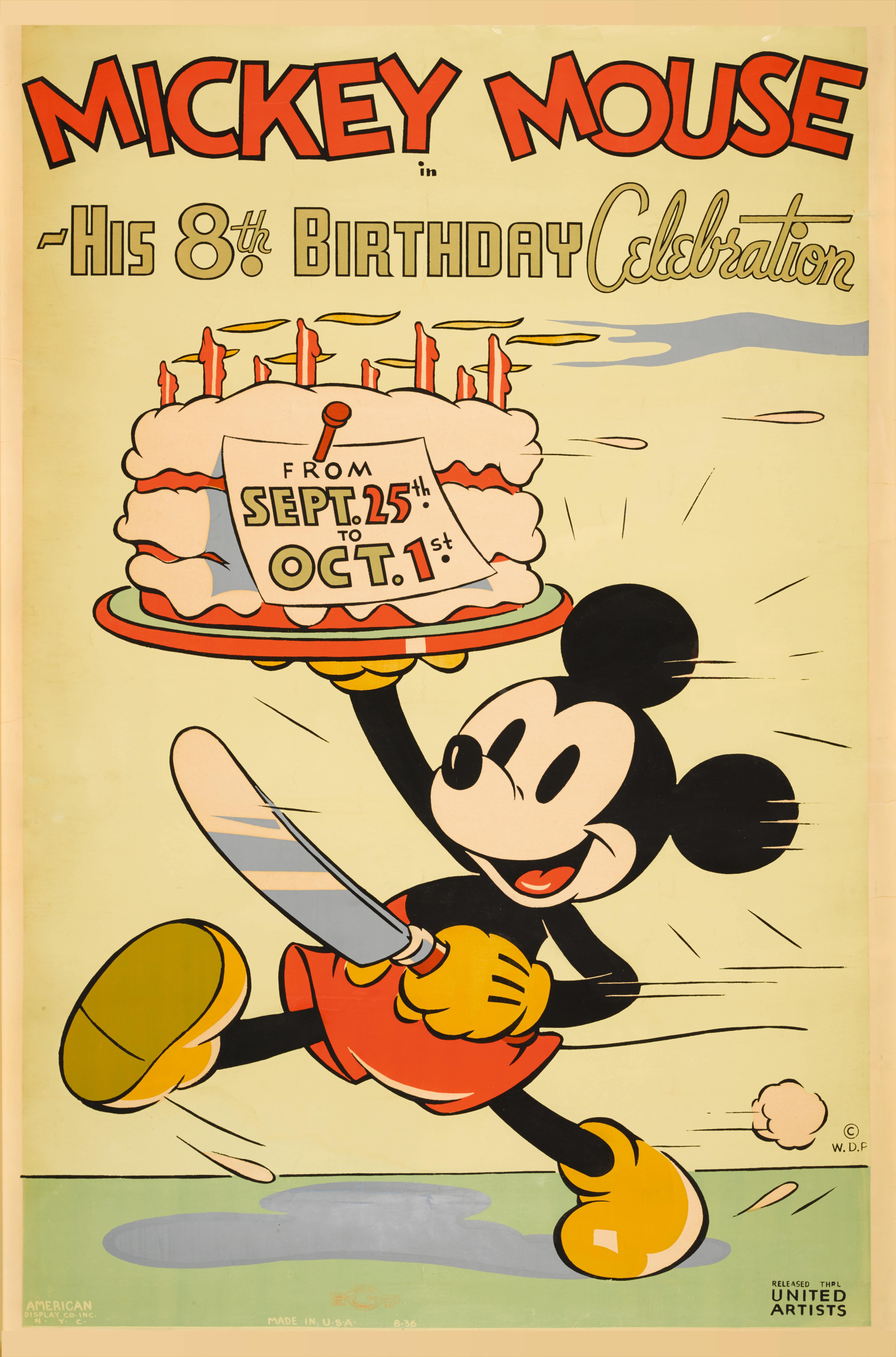 Original US film poster for Mickey Mouse - His 8th Birthday celebration. These Special hand printed silkscreen posters were produced for Walt Disney throughout the mid-1930s. These were used to promote Walt Disney's cartoons and characters, and were