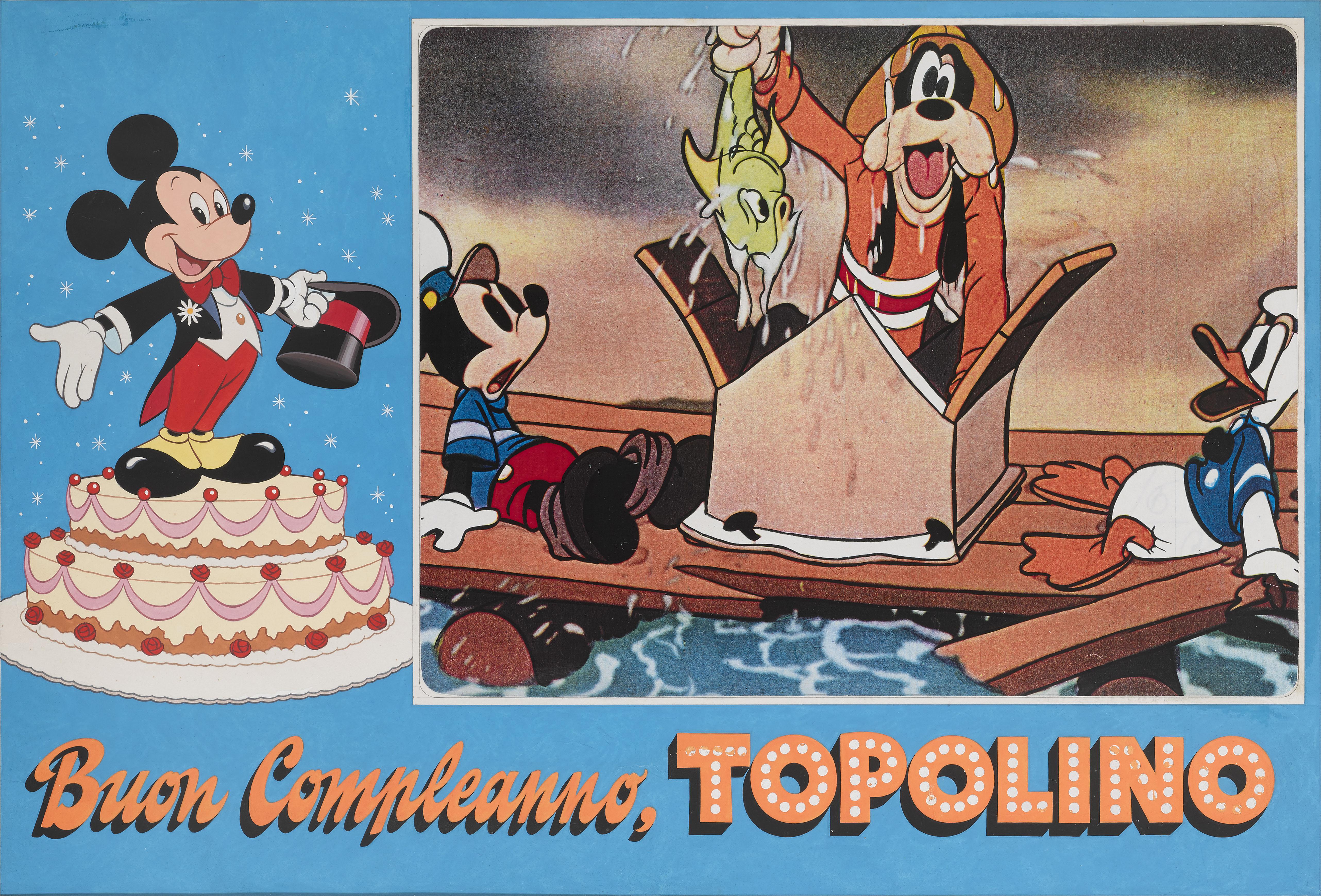 Original artwork, tempera on art board.
This is a unique piece of Disney artwork, which was created for the Italian lobby cards for 'The Mickey Mouse Jubilee Show'. This film was made to celebrate Mickey's 50th birthday, and was shown on television