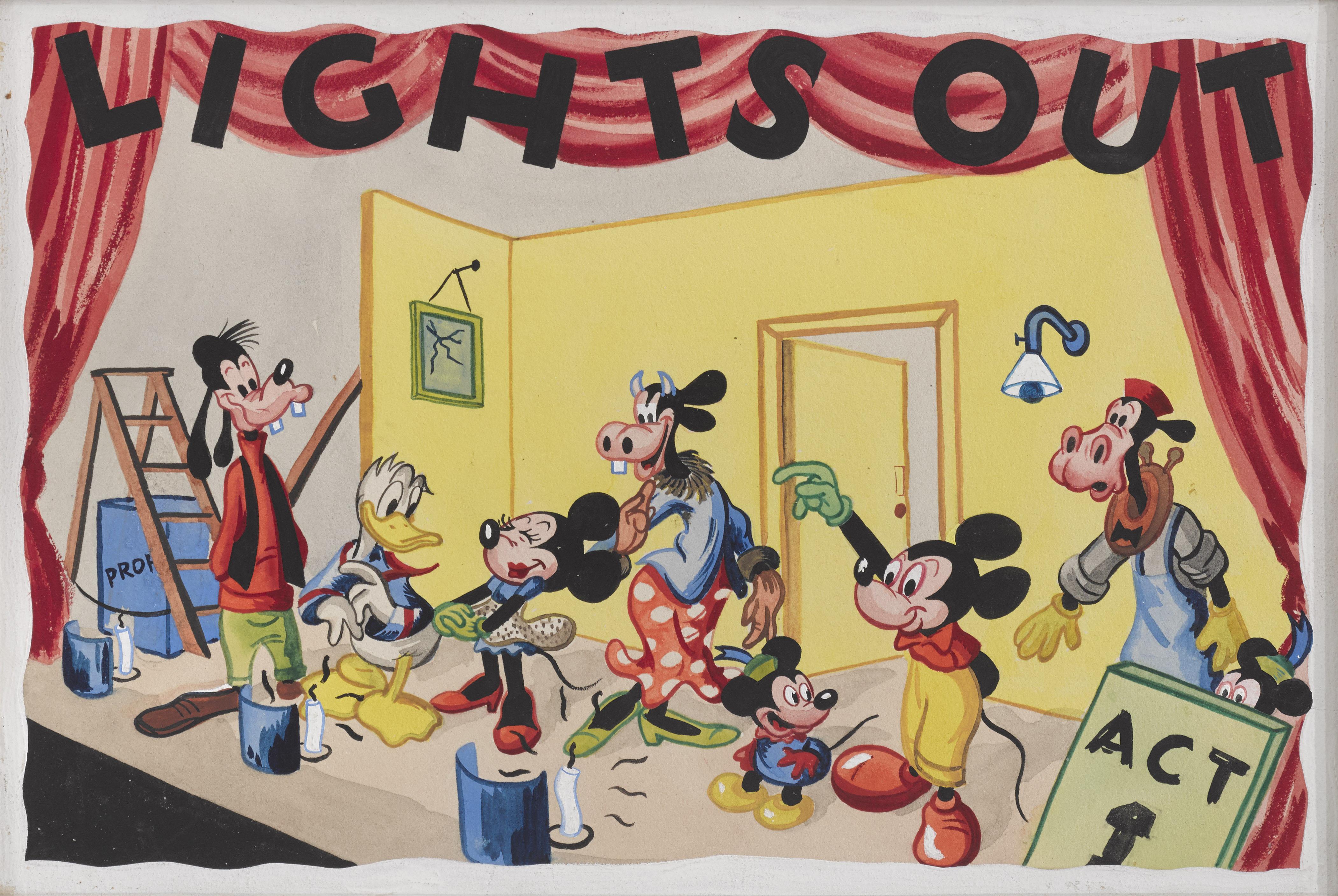 Original artwork (ink and gouache)
from Mickey Mouse annual, Mickey and Friends 1951. The annual was printed in 1952. It is the from page 45 titled Lights Out. This piece is conservation framed in a Sapele wood frame with acid free card mounts and