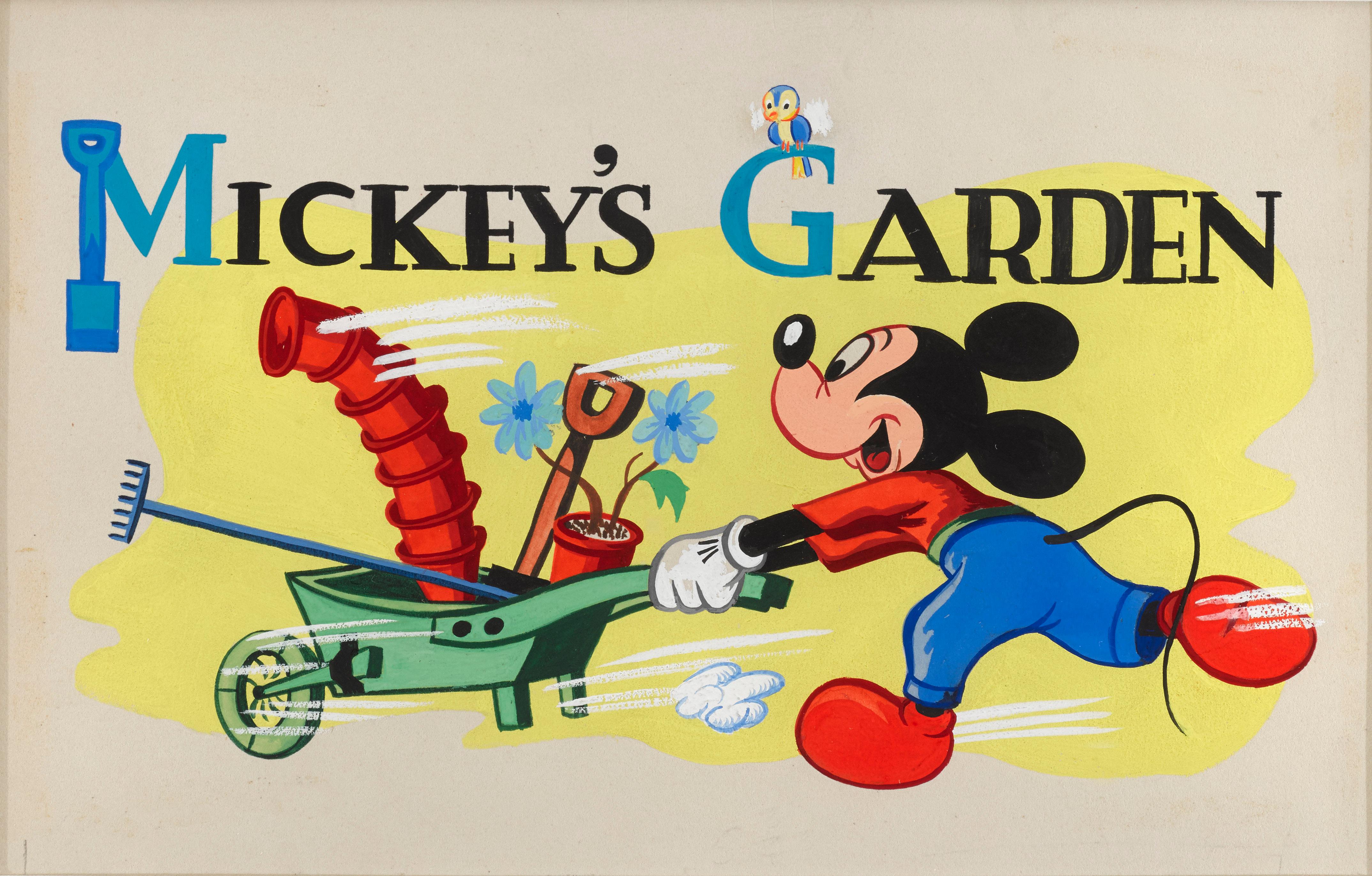 Original artwork ink and gouach
from Mickey Mouse annual, Mickey and Friends 1951 the annual was printed in 1952. This painting was done along side a poem Mickey's Garden found on page 78.
This piece is conservation framed in a Sapele wood frame
