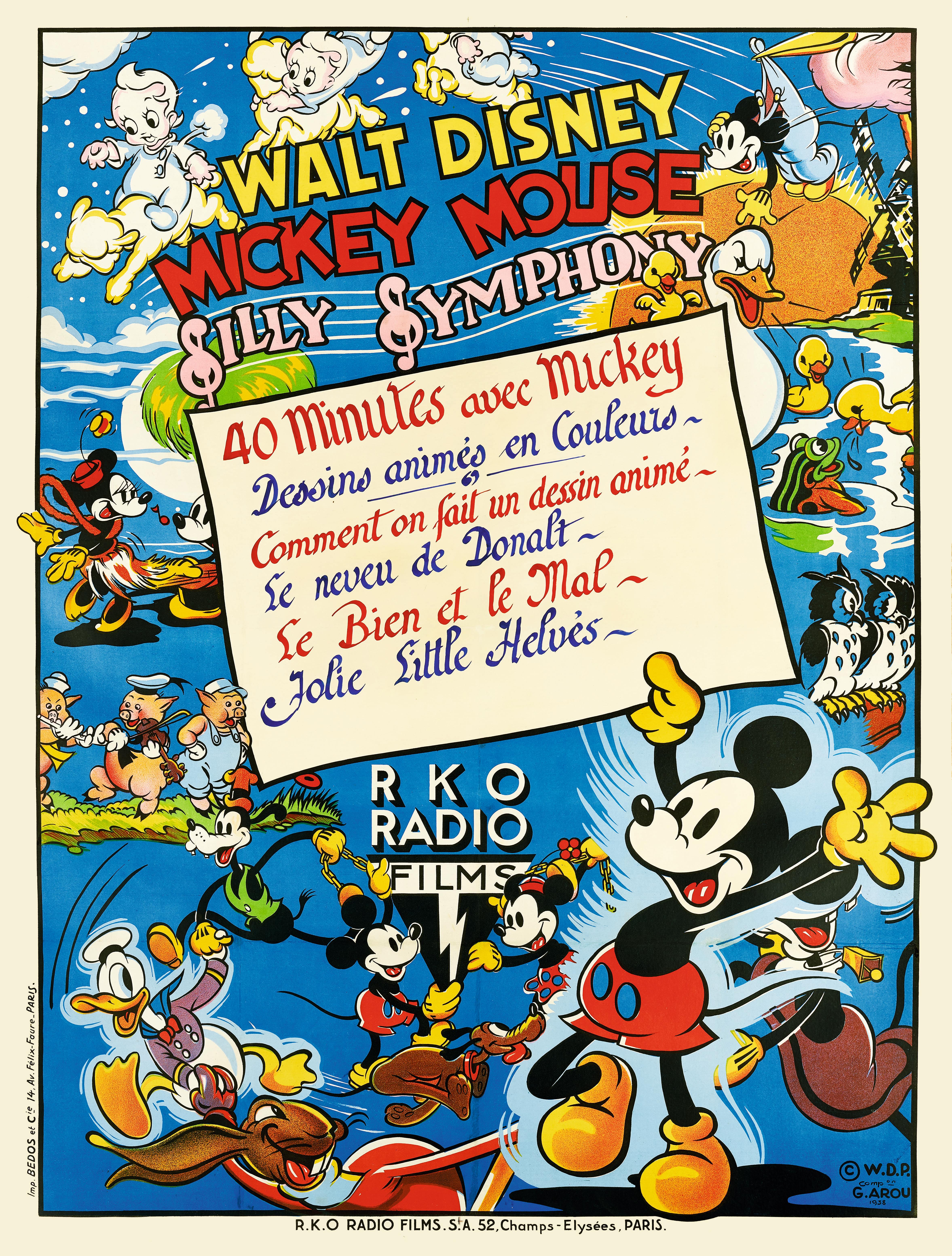 Originales französisches Filmplakat für Mickey Mouse - Silly Symphony 1938. Bis heute ist dies vermutlich das einzige bekannte erhaltene Exemplar.
Die Silly Symphonies waren eine von Walt Disney produzierte Serie von fünfundsiebzig Kurzfilmen, die