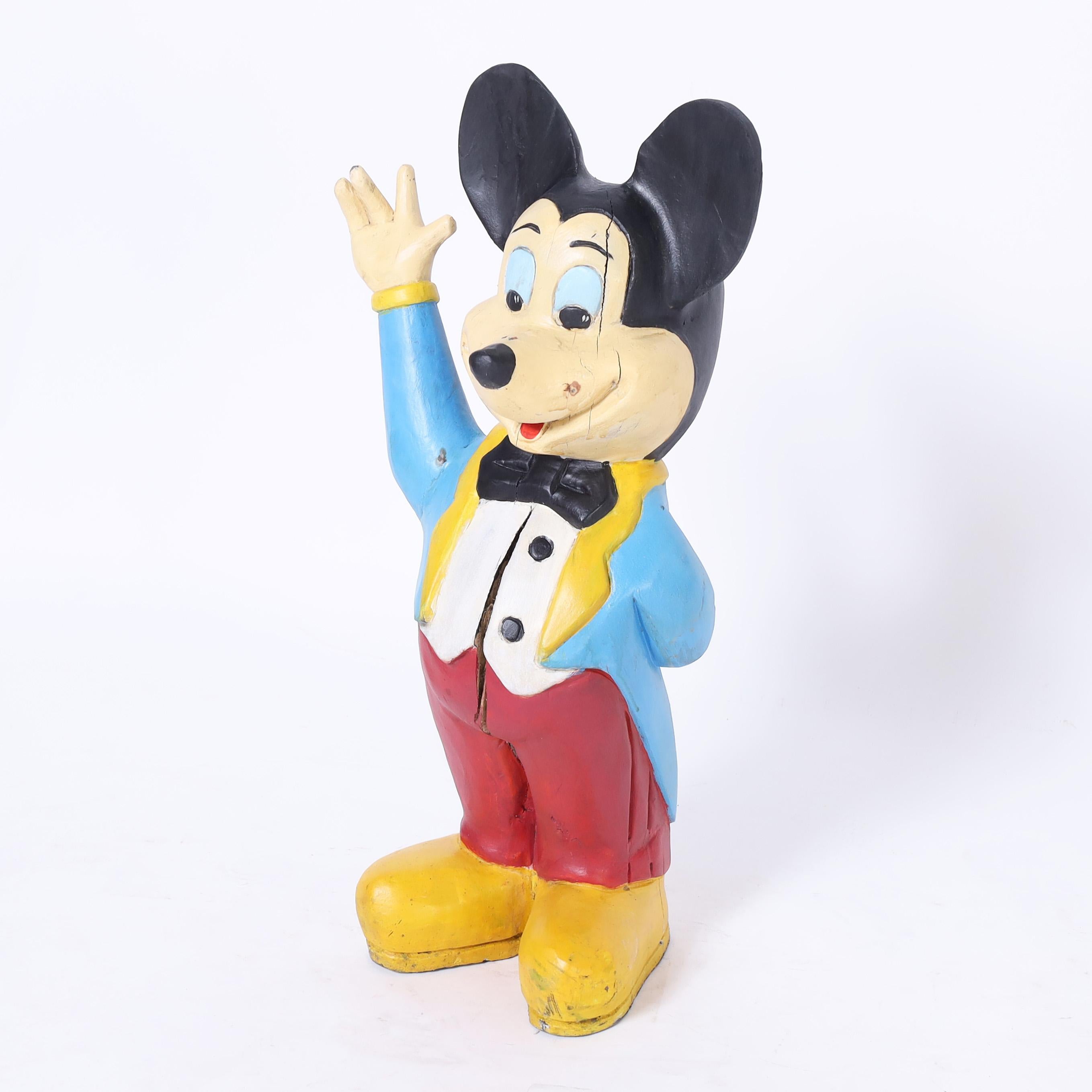 Hand-Painted Mickey Mouse Vintage Wood Sculpture For Sale