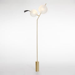 Mickey Sculptural Floor Lamp Dimmable, Brushed Brass, Satin-White Blown Glass