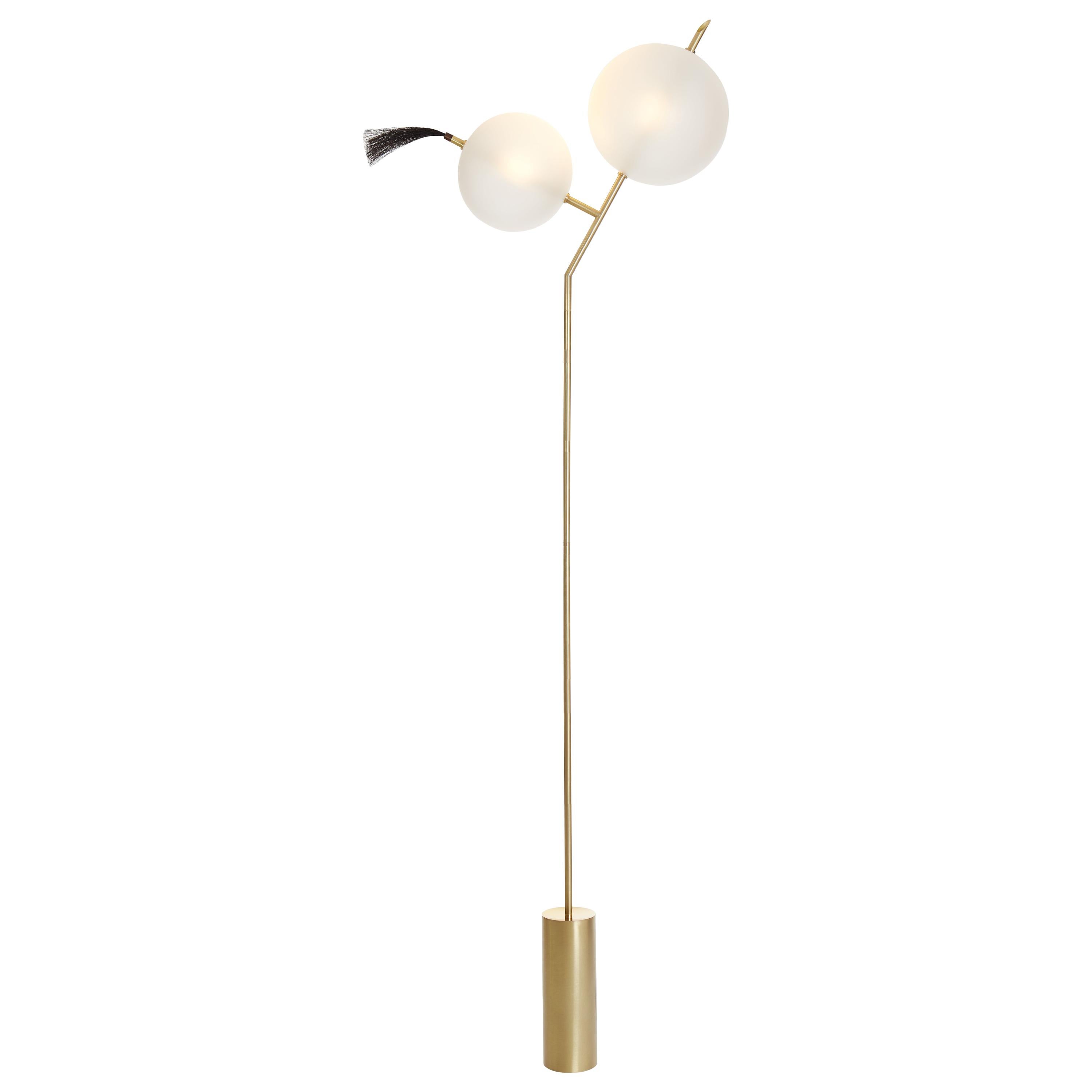 Mickey Sculptural Floor Lamp Dimmable, Brushed Brass, Satin-White Blown Glass For Sale