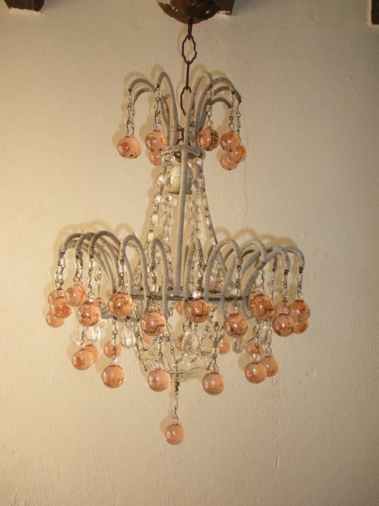 Housing 1 light. Will be rewired with certified US UL sockets for the USA and appropriate sockets for all other countries and ready to hang! Micro beaded loaded with crystal prisms, macaroni beads and Murano short bulbous balls. Adding 5 inches of