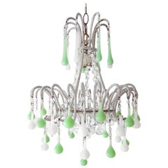 Micro Beaded White and Green Opaline Drops Chandelier, circa 1920