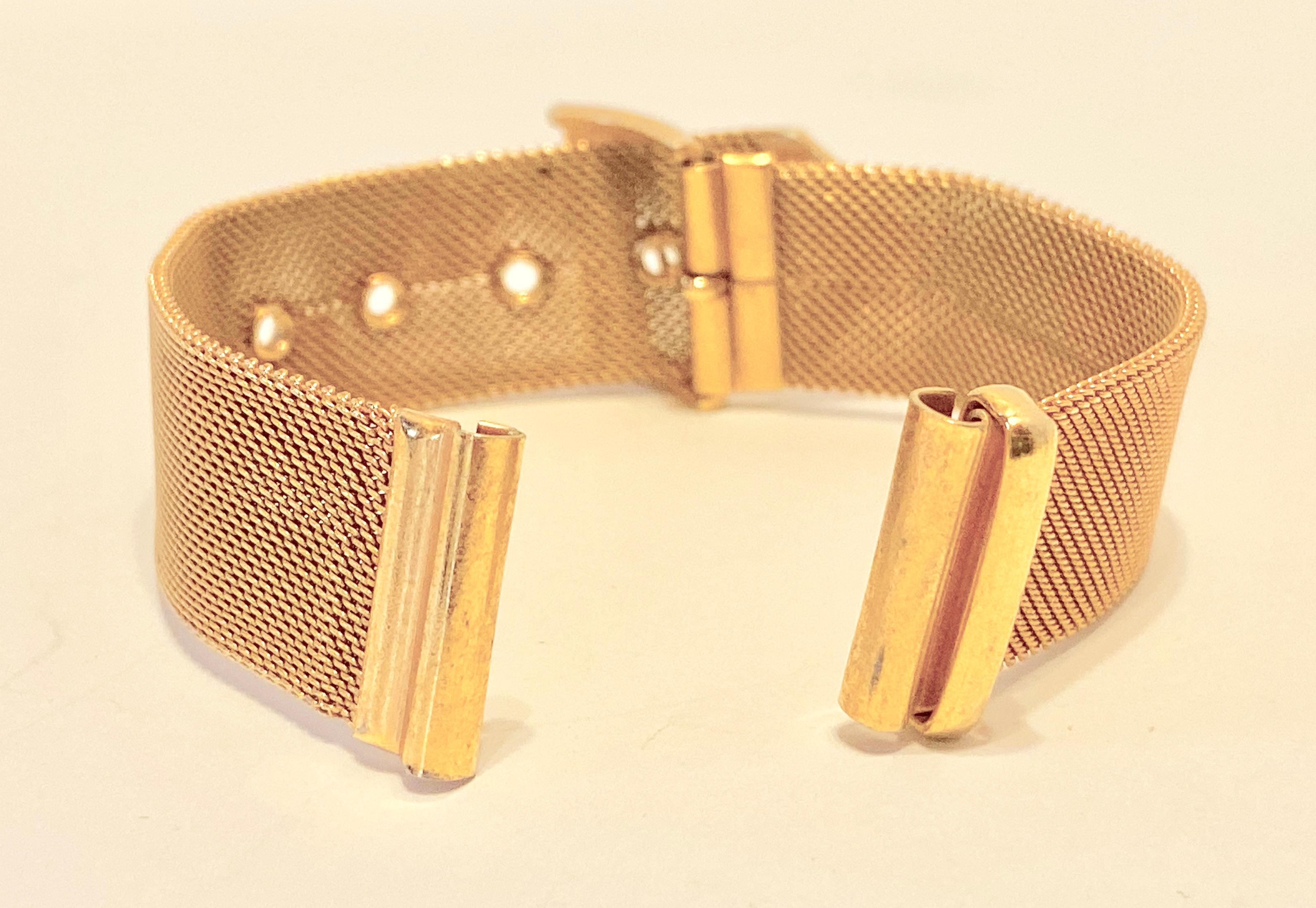        This wonderfully detailed micro gold hardware 'buckle' style adjustable 'watch' strap measures 4 1/2 inches to 6 inches in total length. The width at both ends measures 5/8 inch. Made in United States.