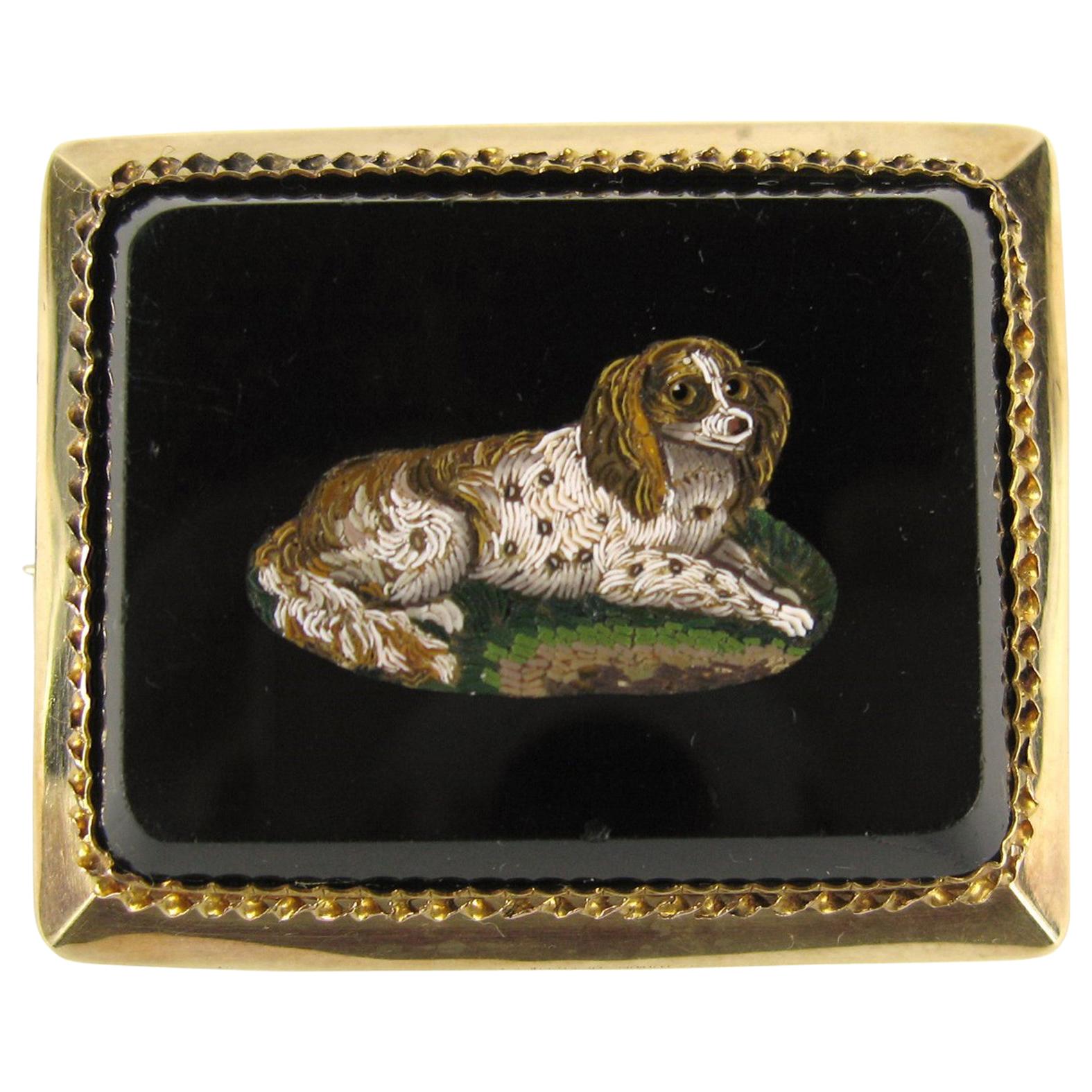 Micro Mosaic 15 Karat Gold Pendant Brooch King Charles Spaniel For Sale